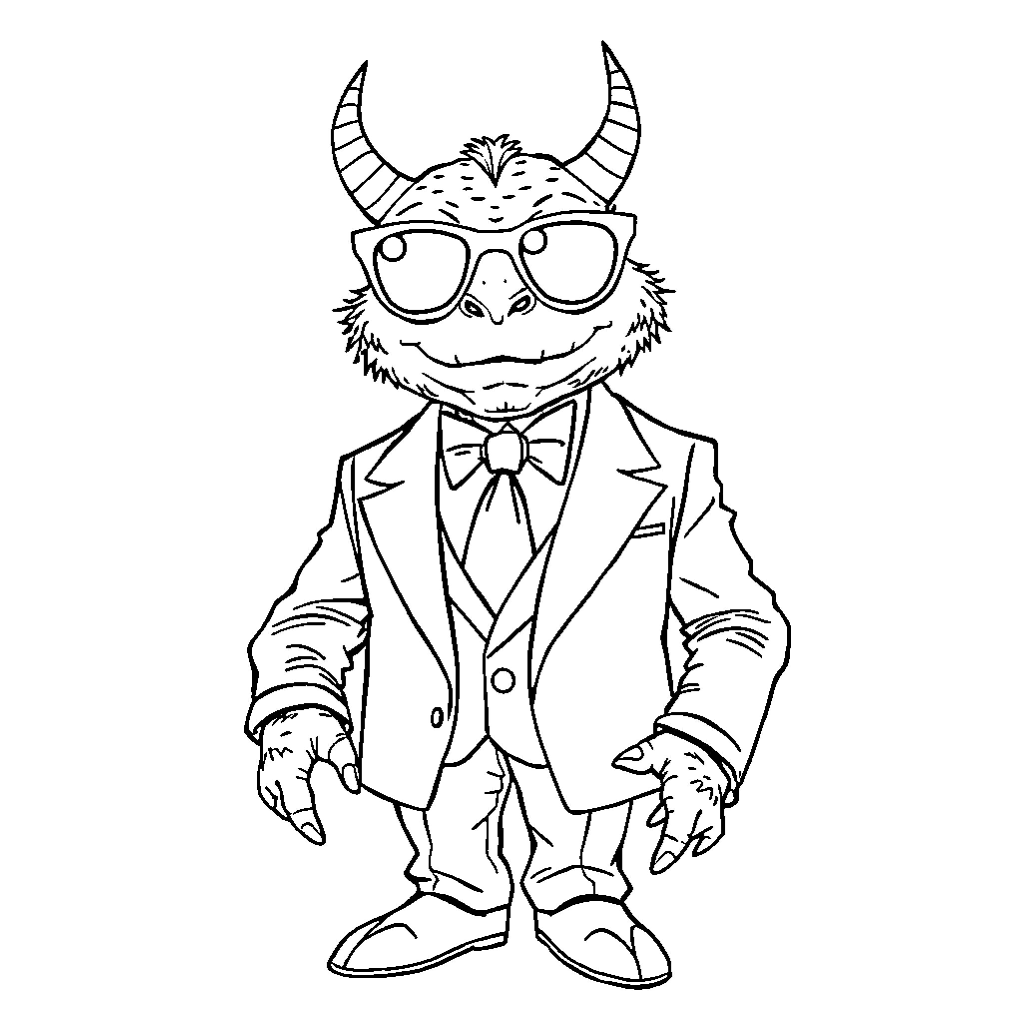 Monster dressed in a formal suit and glasses Coloring Page (free black-and-white line drawing printable PDF for all, from beginners to advanced learners, including children, teens, adults, and seniors)