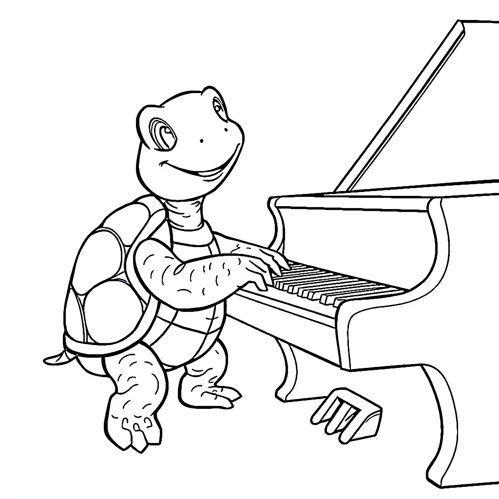 Turtle playing joyfully on the piano Coloring Page (free black-and-white line drawing printable PDF for all, from beginners to advanced learners, including children, teens, adults, and seniors)