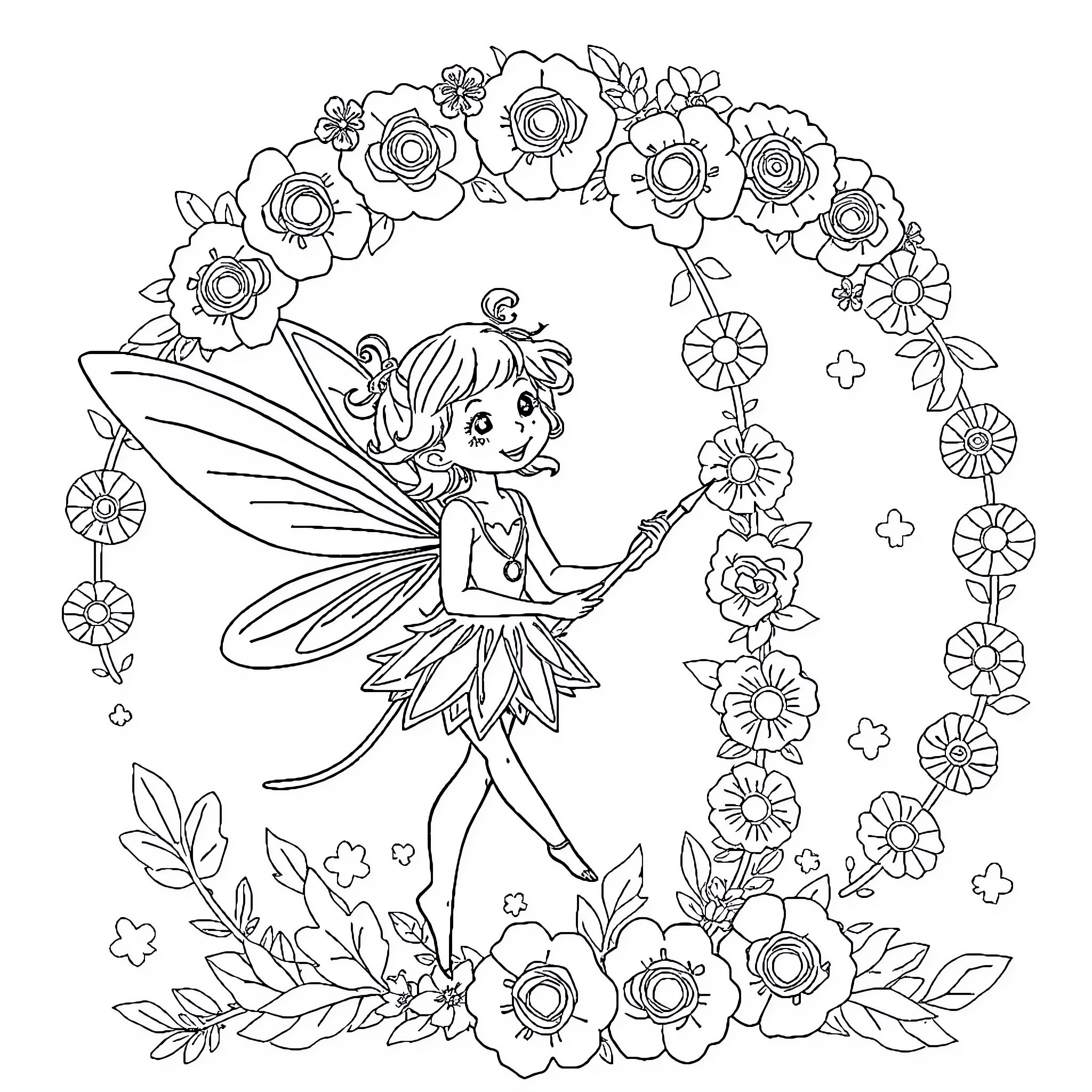 Feeried fairy dancing among floral arch Coloring Page (free black-and-white line drawing printable PDF for all, from beginners to advanced learners, including children, teens, adults, and seniors)