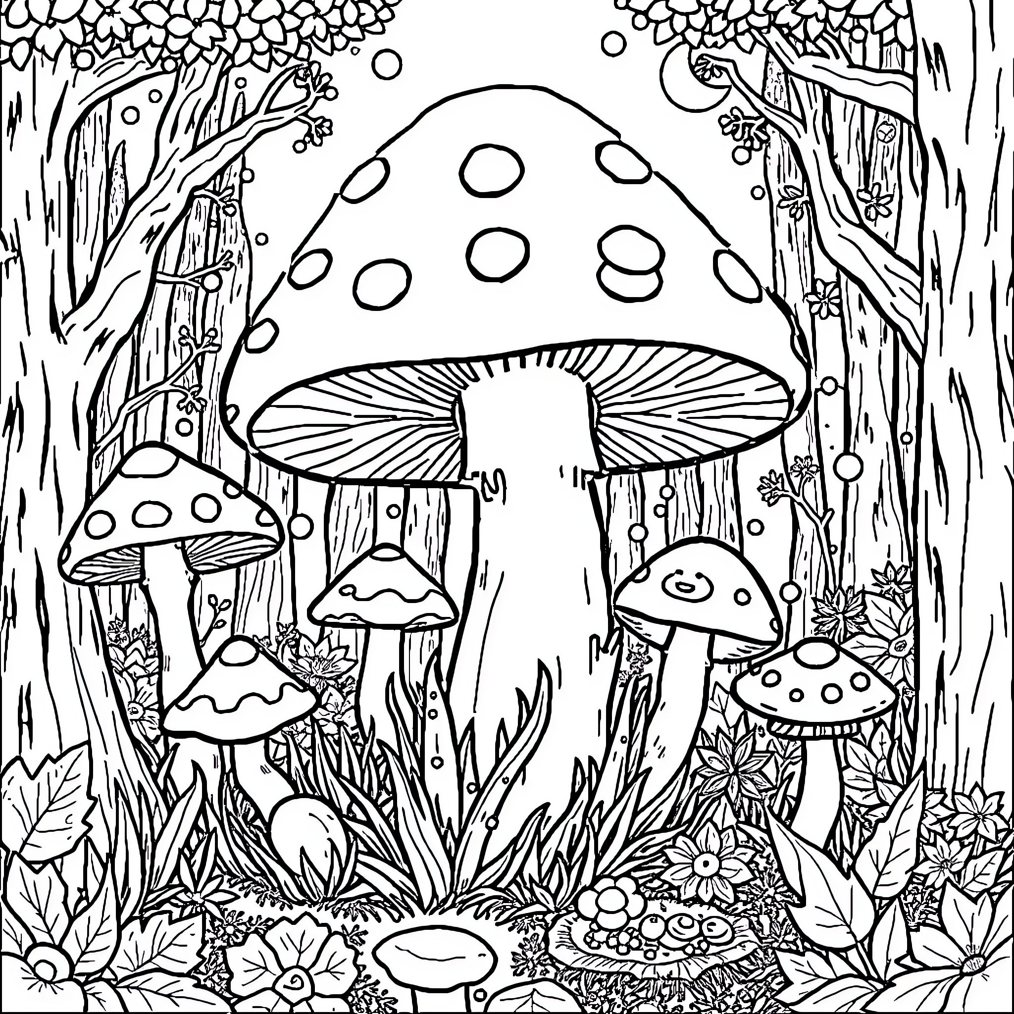 Mushroom Forest Scene with Whimsical Fungi Coloring Page (free black-and-white line drawing printable PDF for all, from beginners to advanced learners, including children, teens, adults, and seniors)