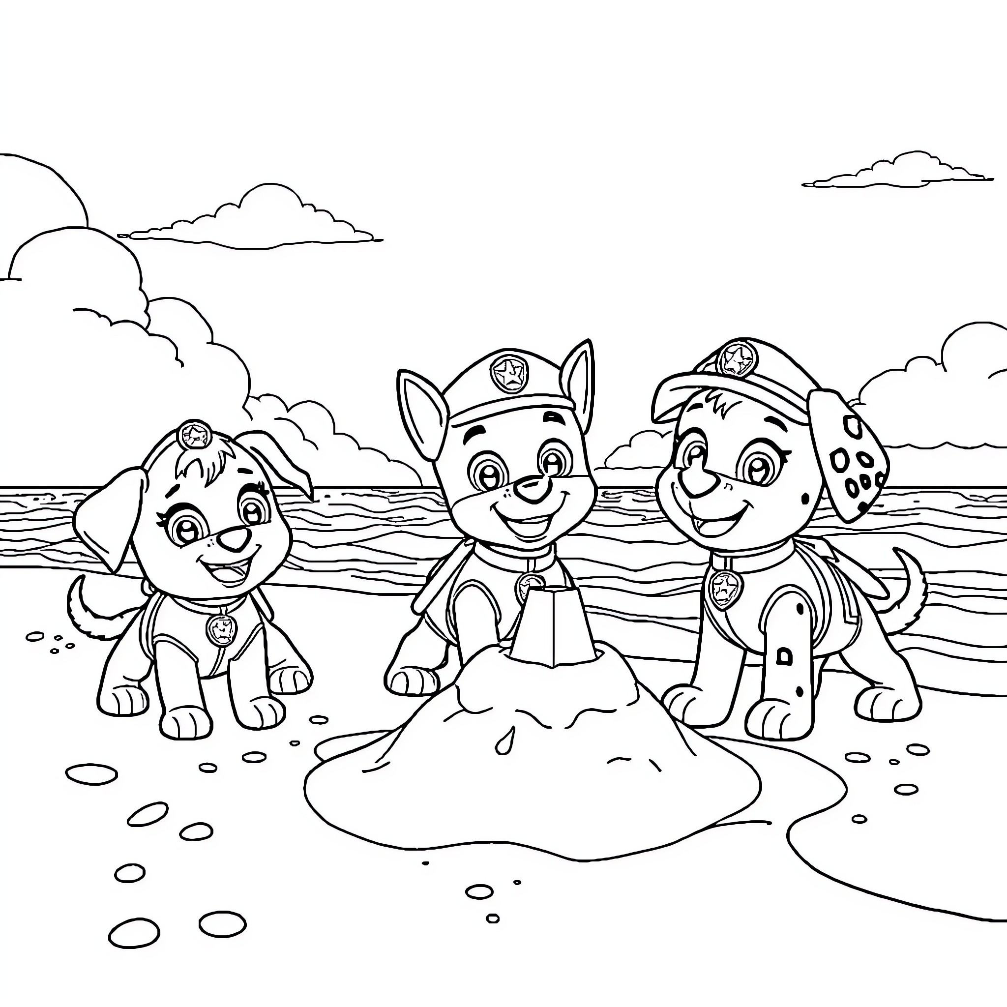 Paw Patrol Pups Exploring the Beach Coloring Page (free black-and-white line drawing printable PDF for all, from beginners to advanced learners, including children, teens, adults, and seniors)