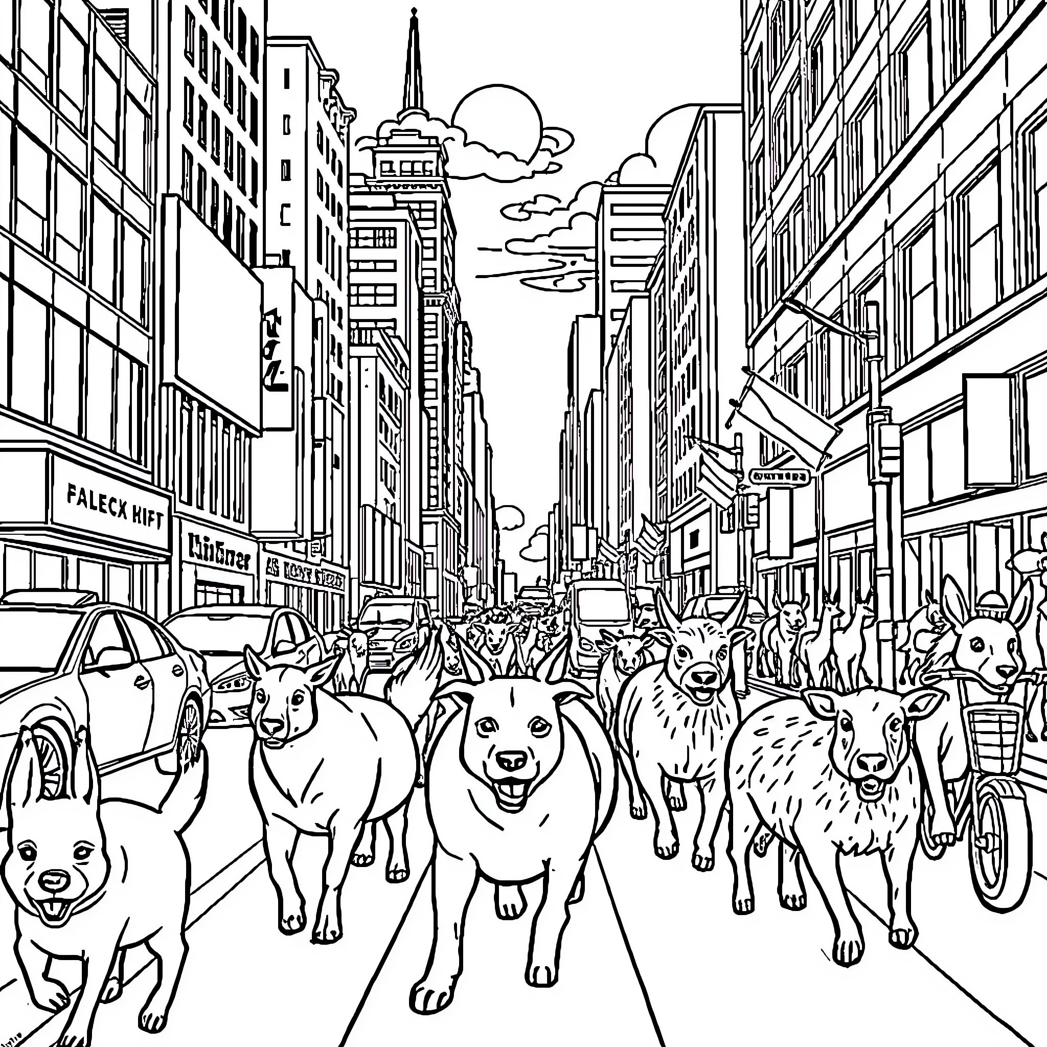 Animal pack racing through busy city streets Coloring Page (free black-and-white line drawing printable PDF for all, from beginners to advanced learners, including children, teens, adults, and seniors)