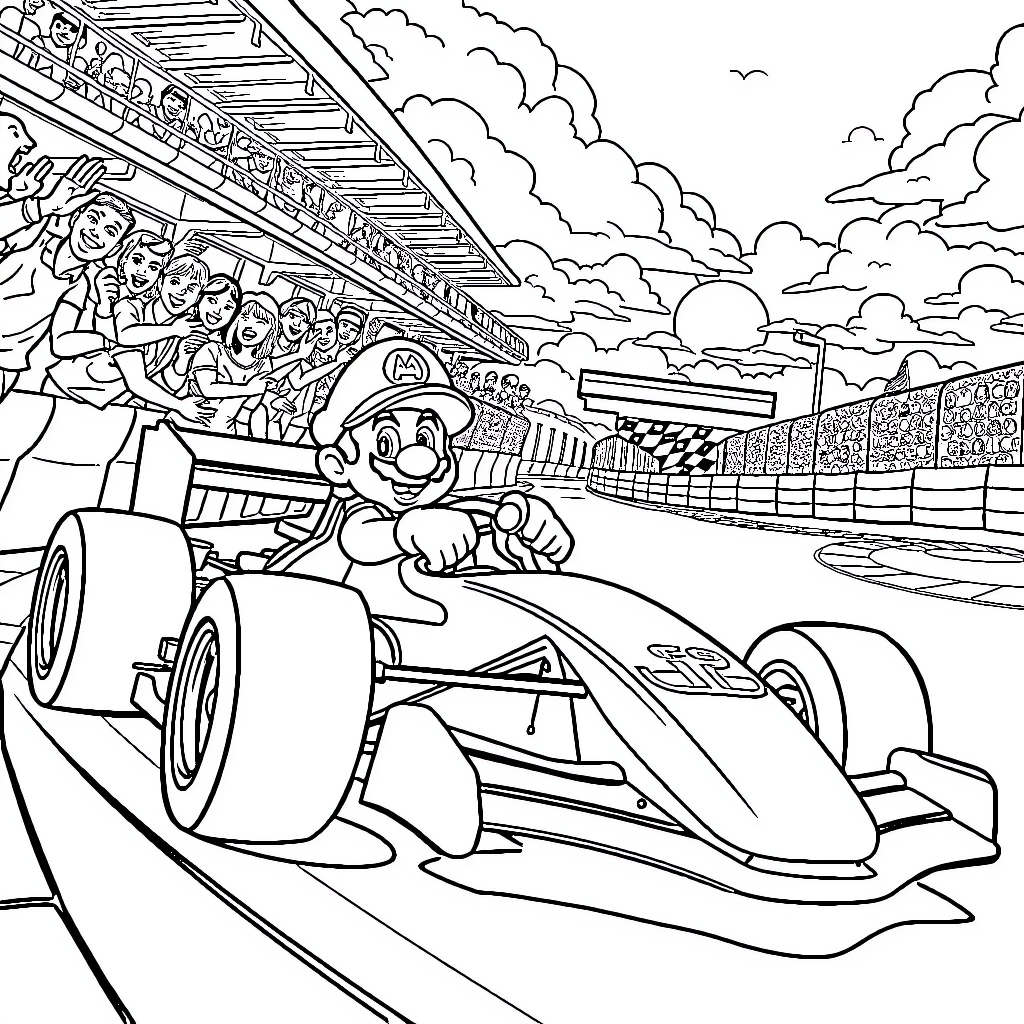 Mario Racing Through the Racetrack Coloring Page (free black-and-white line drawing printable PDF for all, from beginners to advanced learners, including children, teens, adults, and seniors)