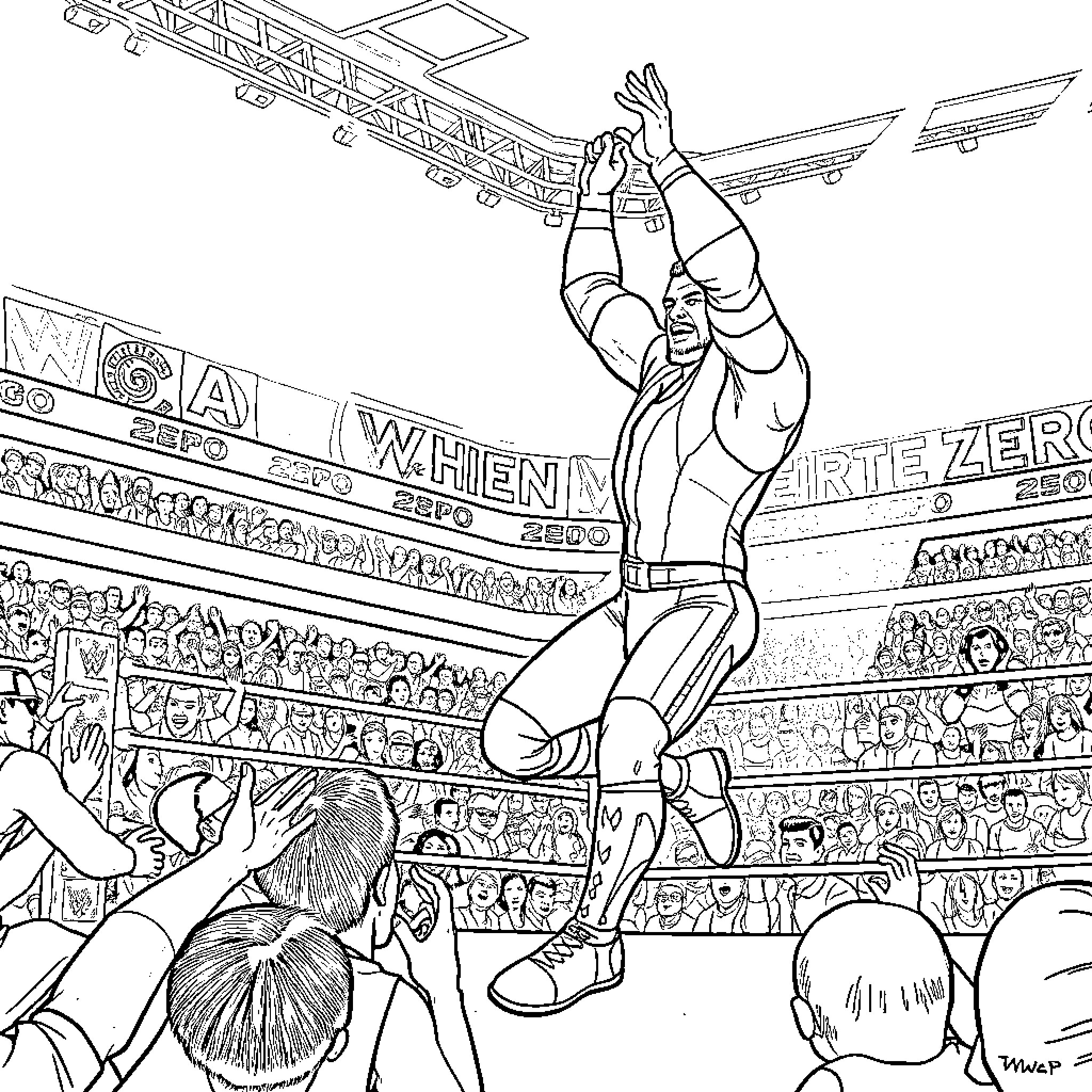 Penta Zero: Wrestling Match in a Packed Stadium Coloring Page (free black-and-white line drawing printable PDF for all, from beginners to advanced learners, including children, teens, adults, and seniors)