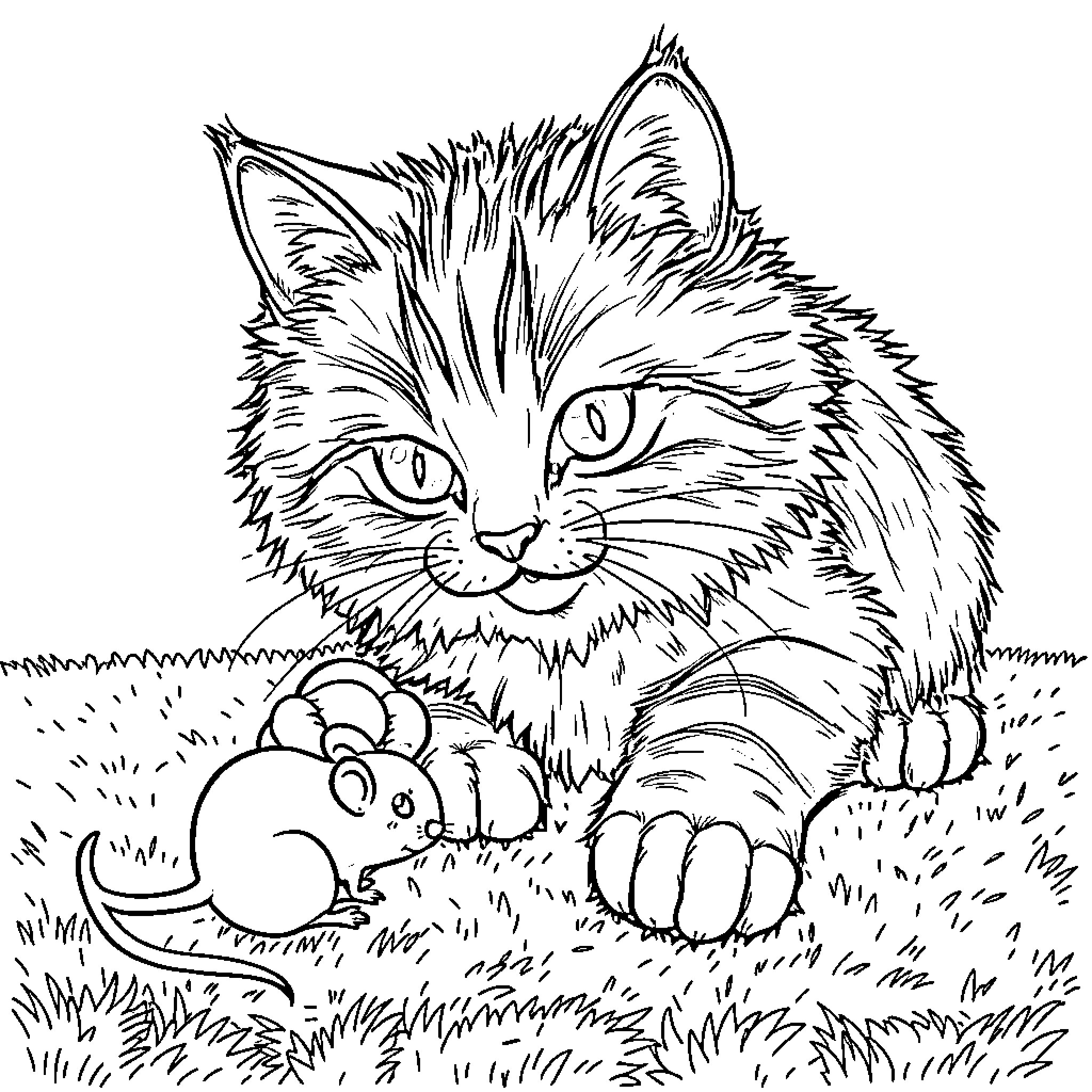 Cat hunting small animal in grass Coloring Page (free black-and-white line drawing printable PDF for all, from beginners to advanced learners, including children, teens, adults, and seniors)