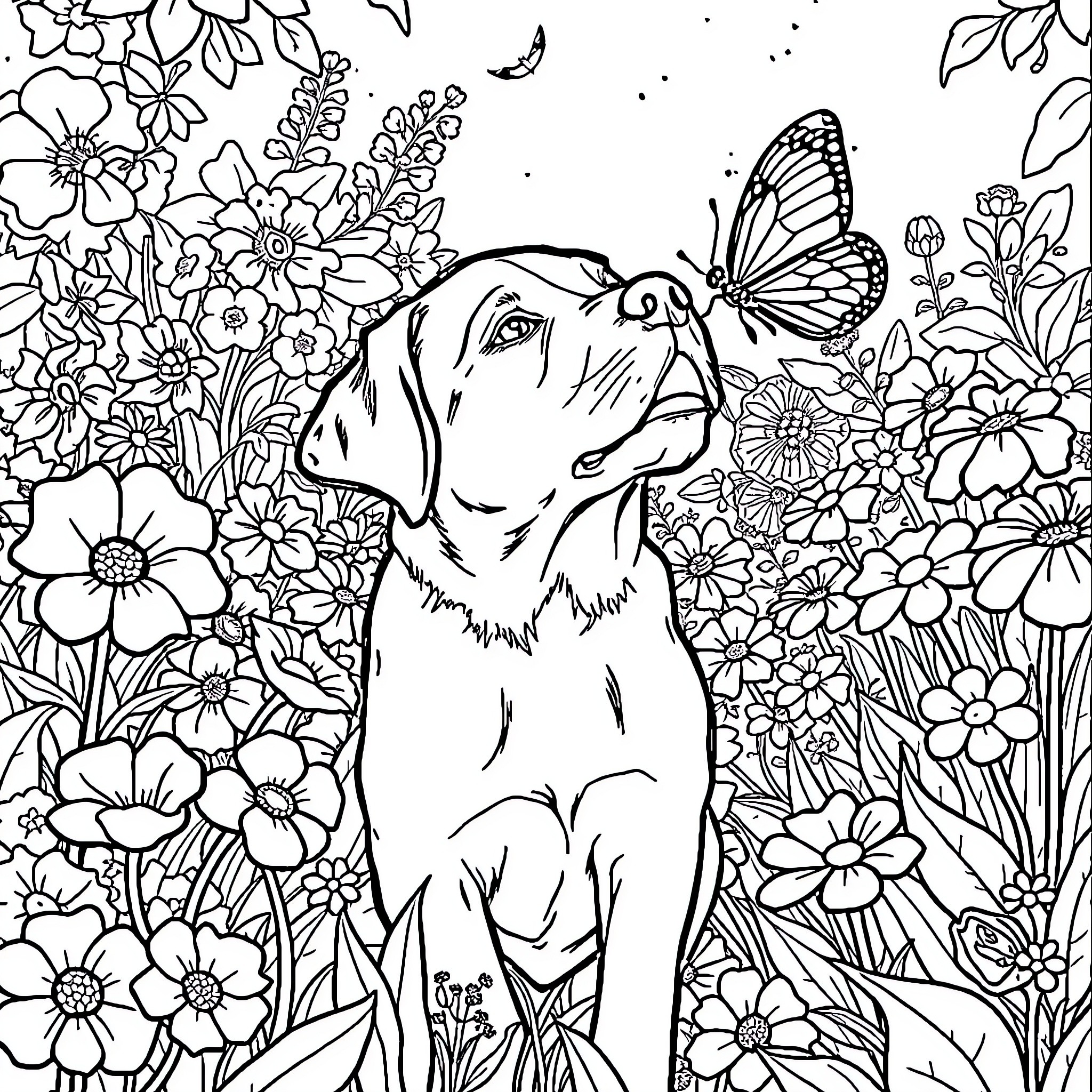 Labrador enjoying nature surrounded by flowers and butterflies Coloring Page (free black-and-white line drawing printable PDF for all, from beginners to advanced learners, including children, teens, adults, and seniors)