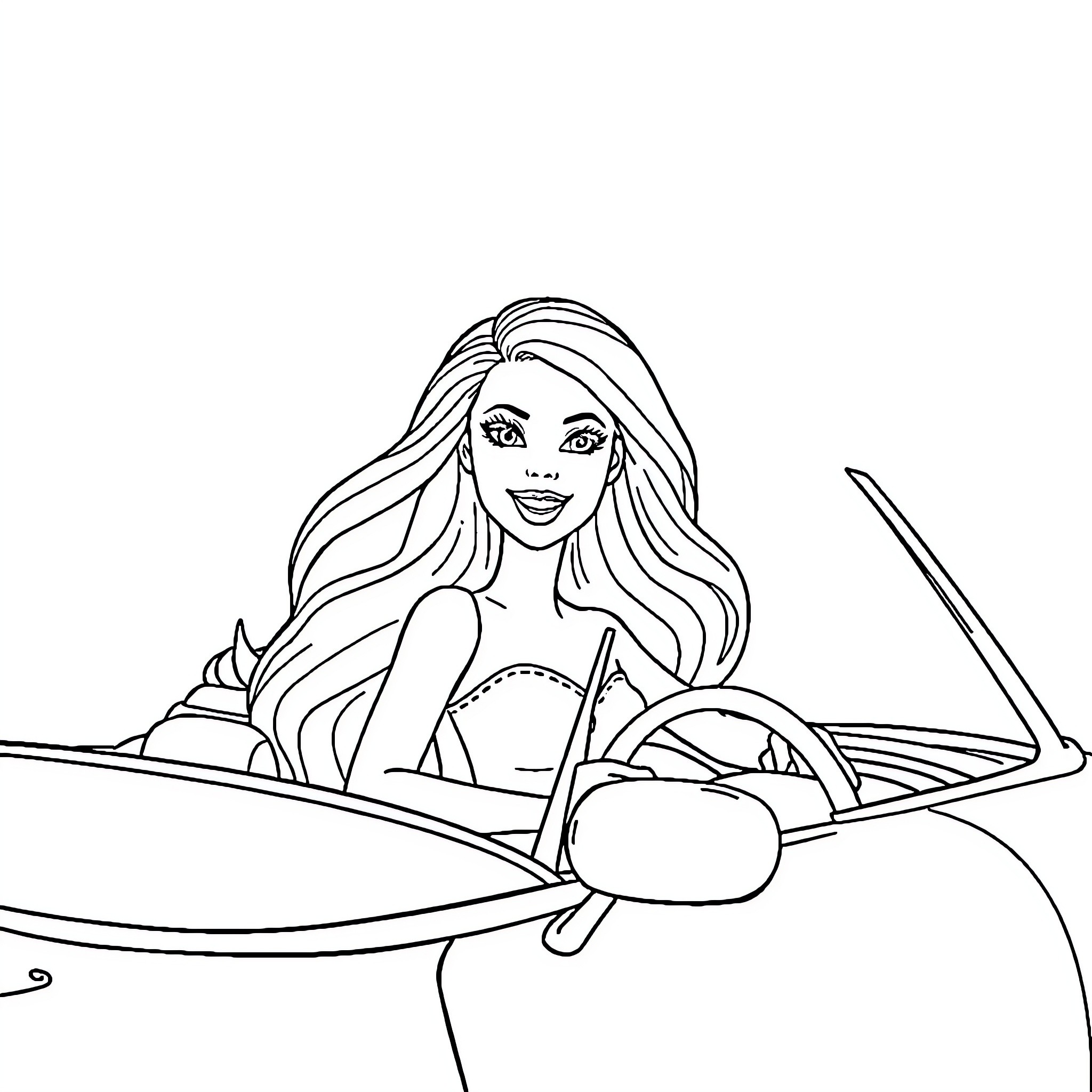 Barbie driving a speedboat with a smile Coloring Page (free black-and-white line drawing printable PDF for all, from beginners to advanced learners, including children, teens, adults, and seniors)