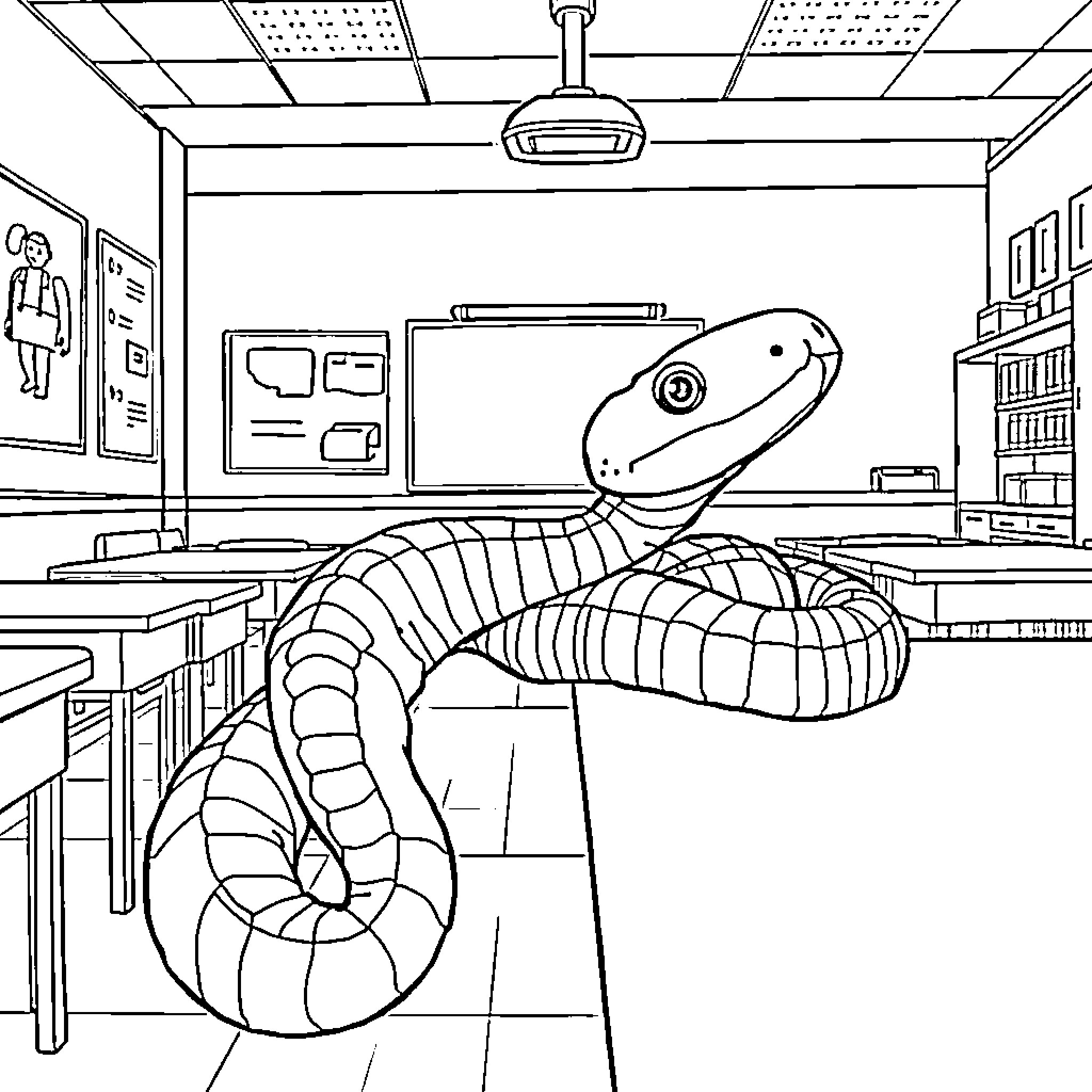 Corn Snake relaxing in classroom environment Coloring Page (free black-and-white line drawing printable PDF for all, from beginners to advanced learners, including children, teens, adults, and seniors)