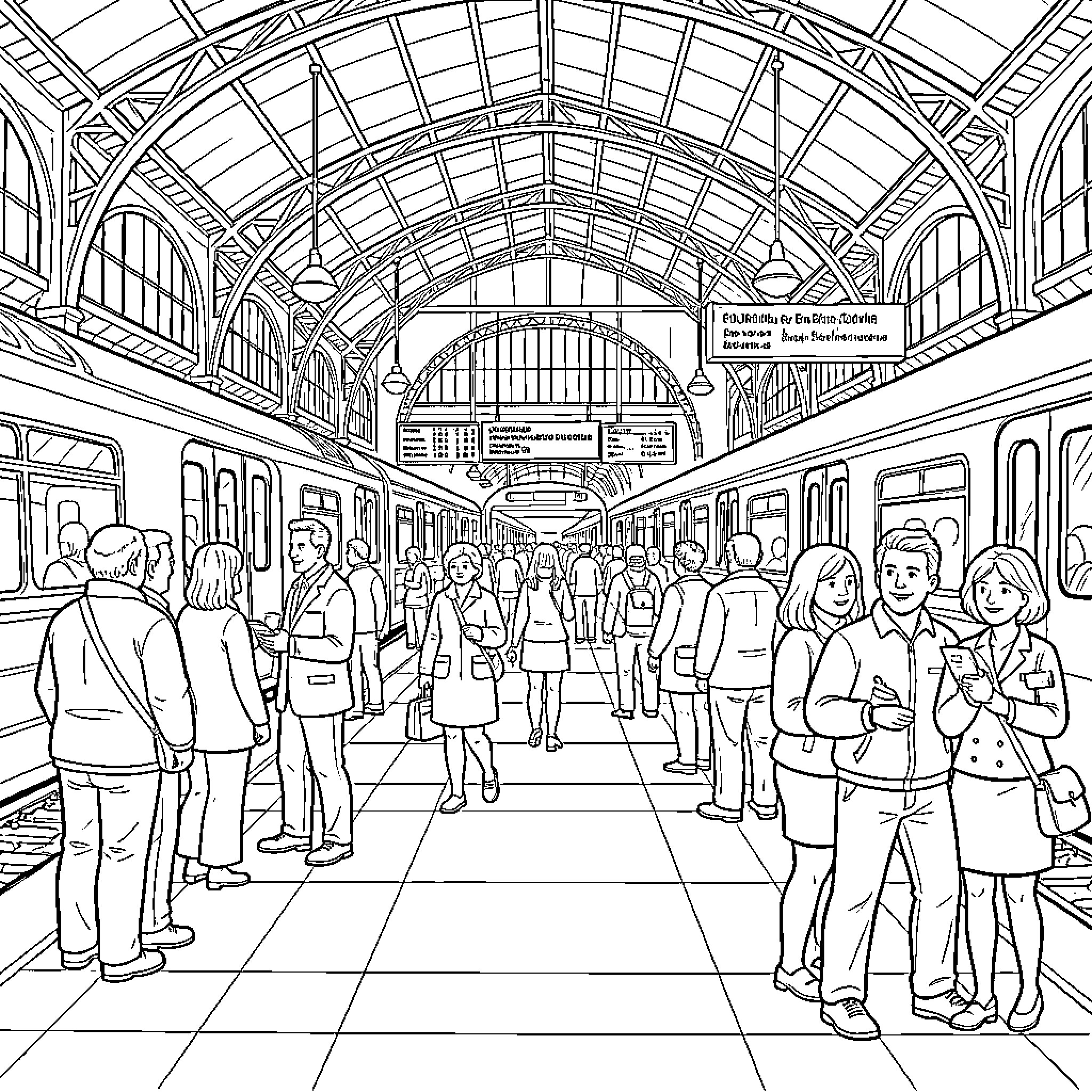 Train Station Bustling with Commuters and Travelers Coloring Page (free black-and-white line drawing printable PDF for all, from beginners to advanced learners, including children, teens, adults, and seniors)