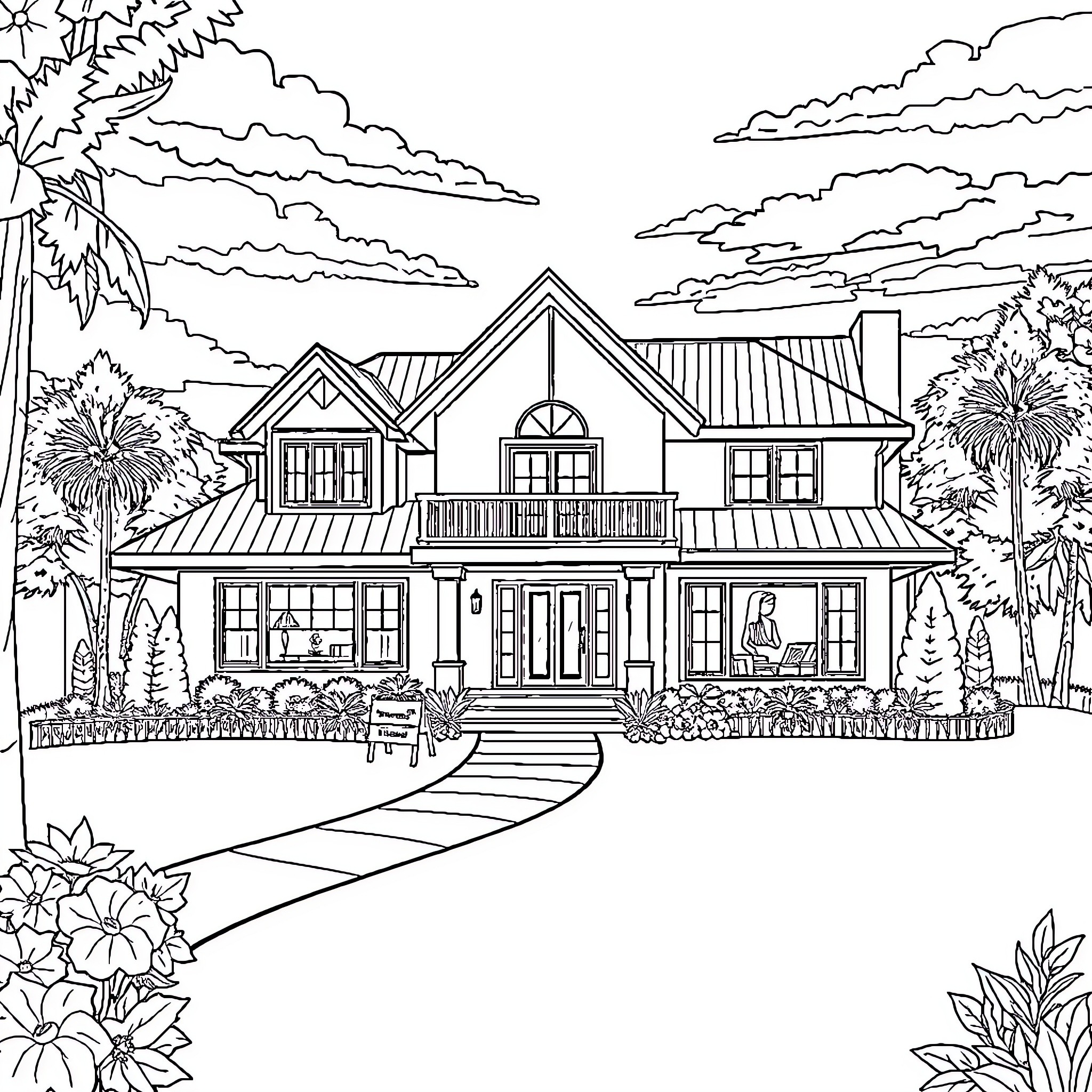 House with family enjoying peaceful outdoor scenery Coloring Page (free black-and-white line drawing printable PDF for all, from beginners to advanced learners, including children, teens, adults, and seniors)