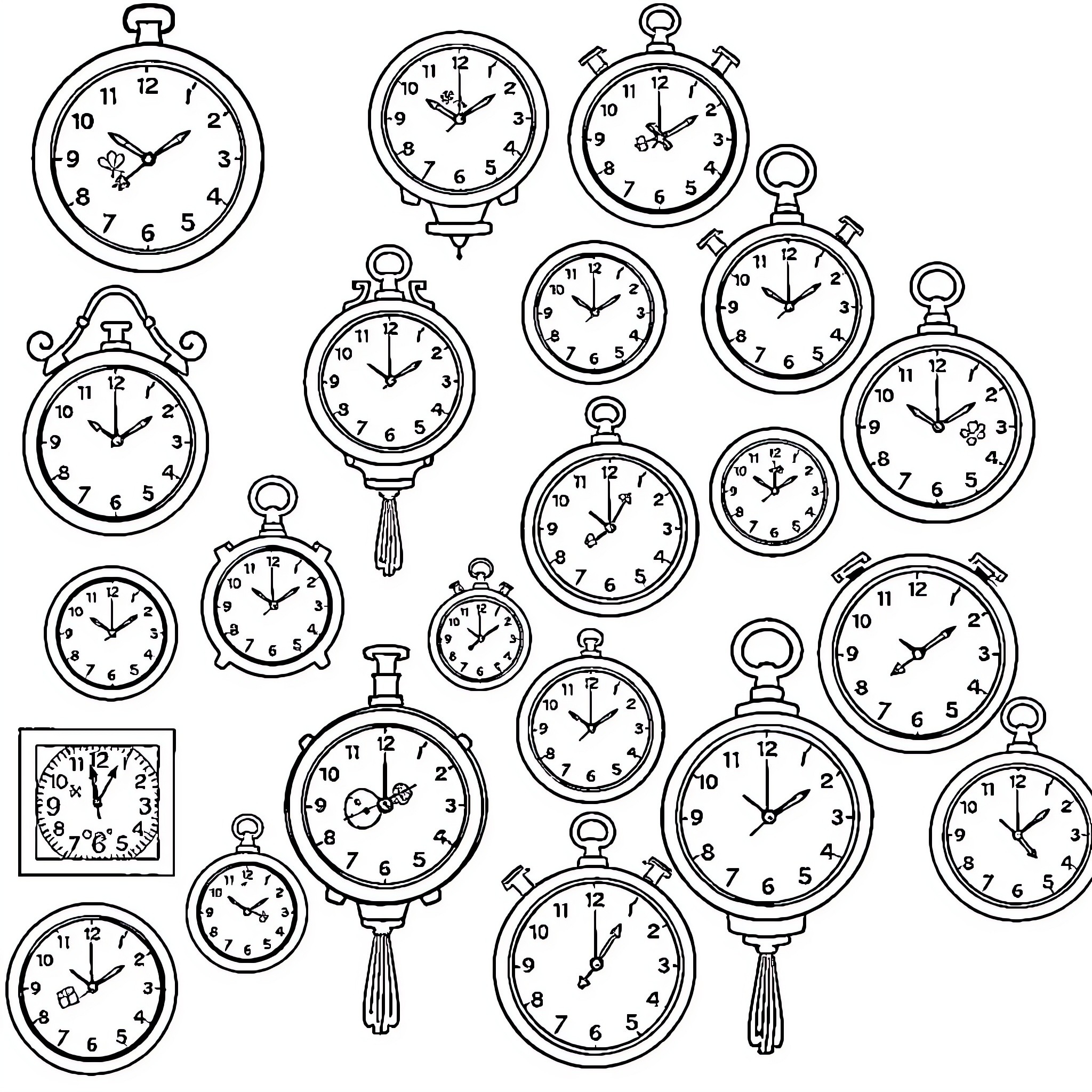 Clock illustrations depicting various watch and clock designs Coloring Page (free black-and-white line drawing printable PDF for all, from beginners to advanced learners, including children, teens, adults, and seniors)