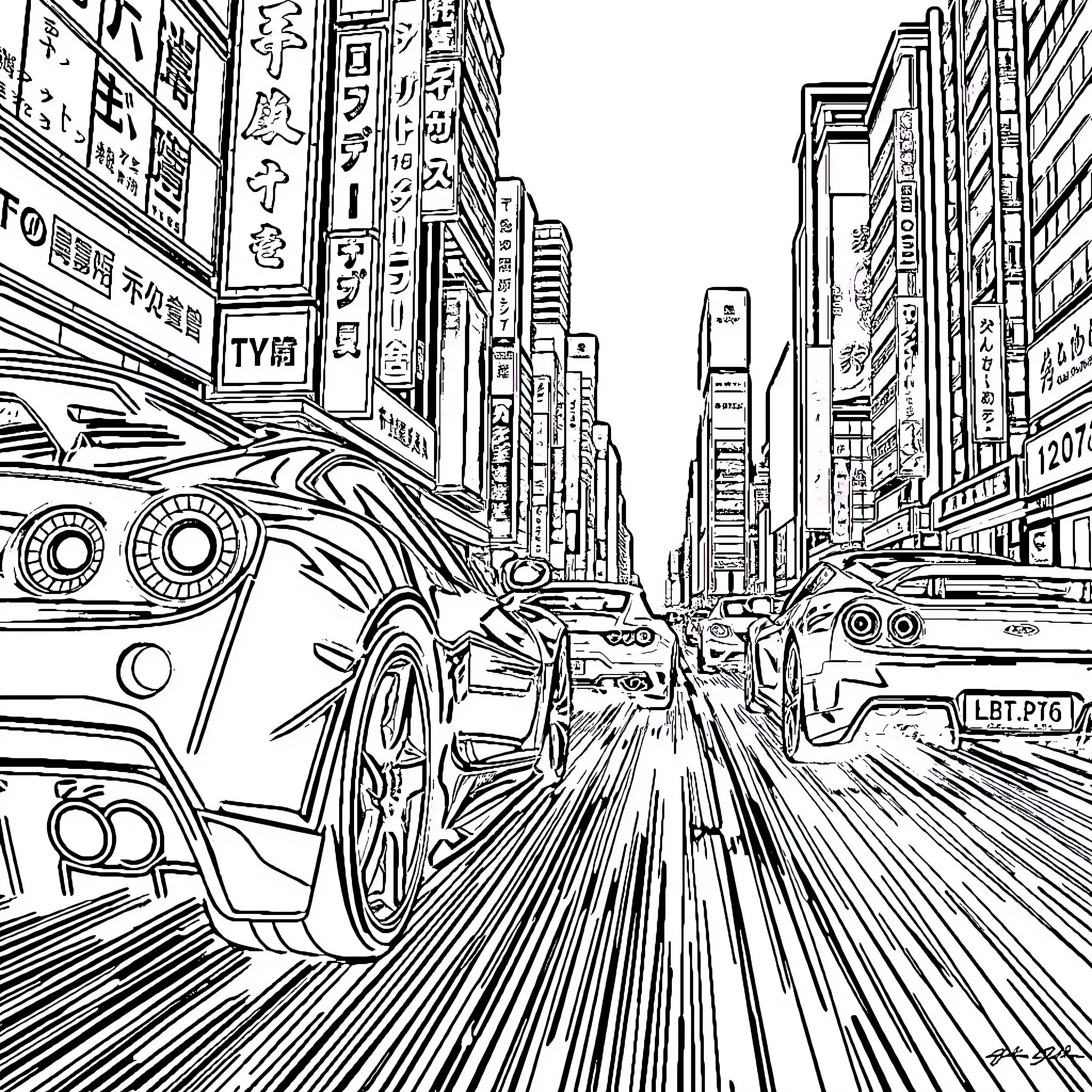 Sports Cars Racing Through Busy City Street Coloring Page (free black-and-white line drawing printable PDF for all, from beginners to advanced learners, including children, teens, adults, and seniors)