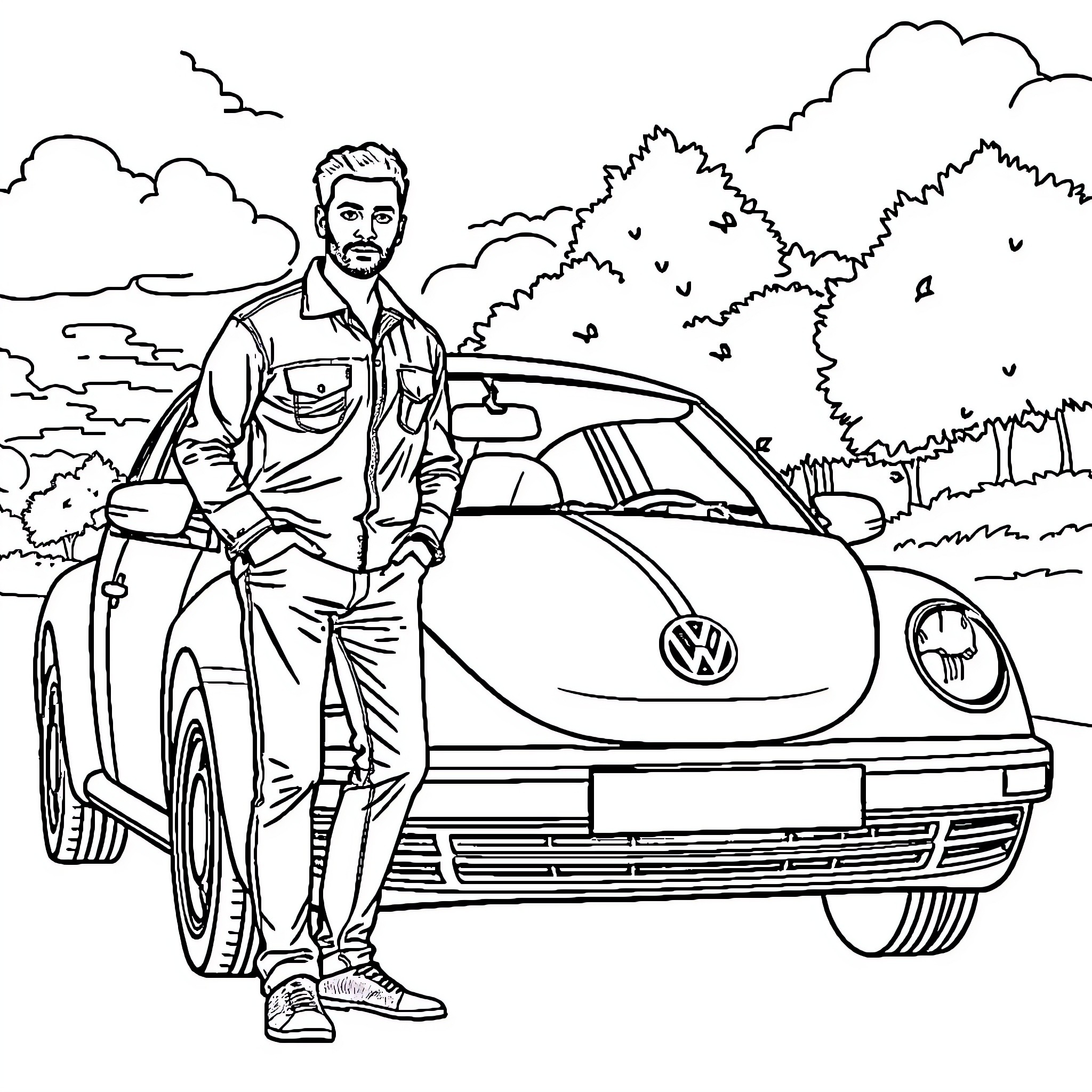 VW Man enjoying a leisurely day with his car Coloring Page (free black-and-white line drawing printable PDF for all, from beginners to advanced learners, including children, teens, adults, and seniors)