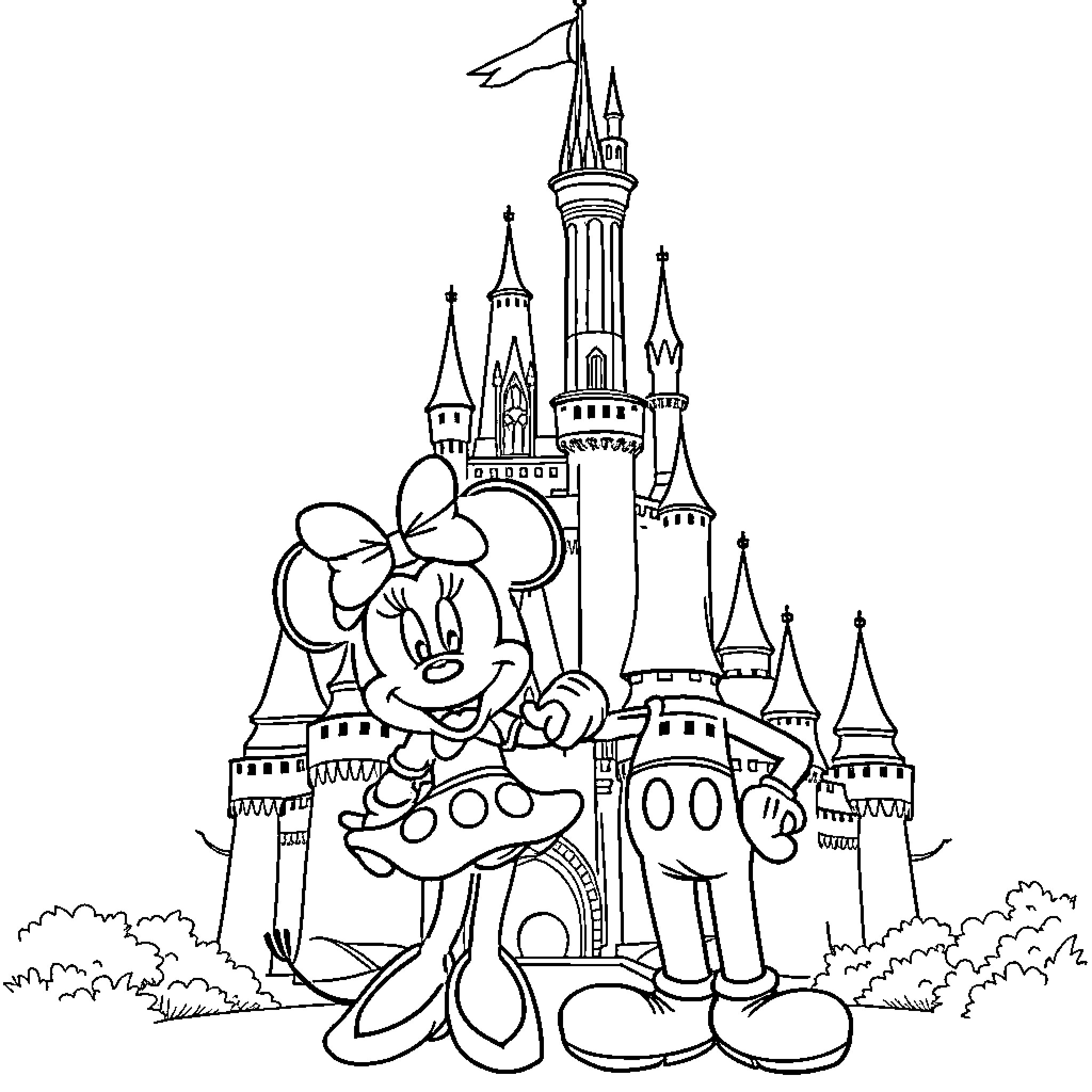 Mickey Mouse at the magical castle Coloring Page (free black-and-white line drawing printable PDF for all, from beginners to advanced learners, including children, teens, adults, and seniors)
