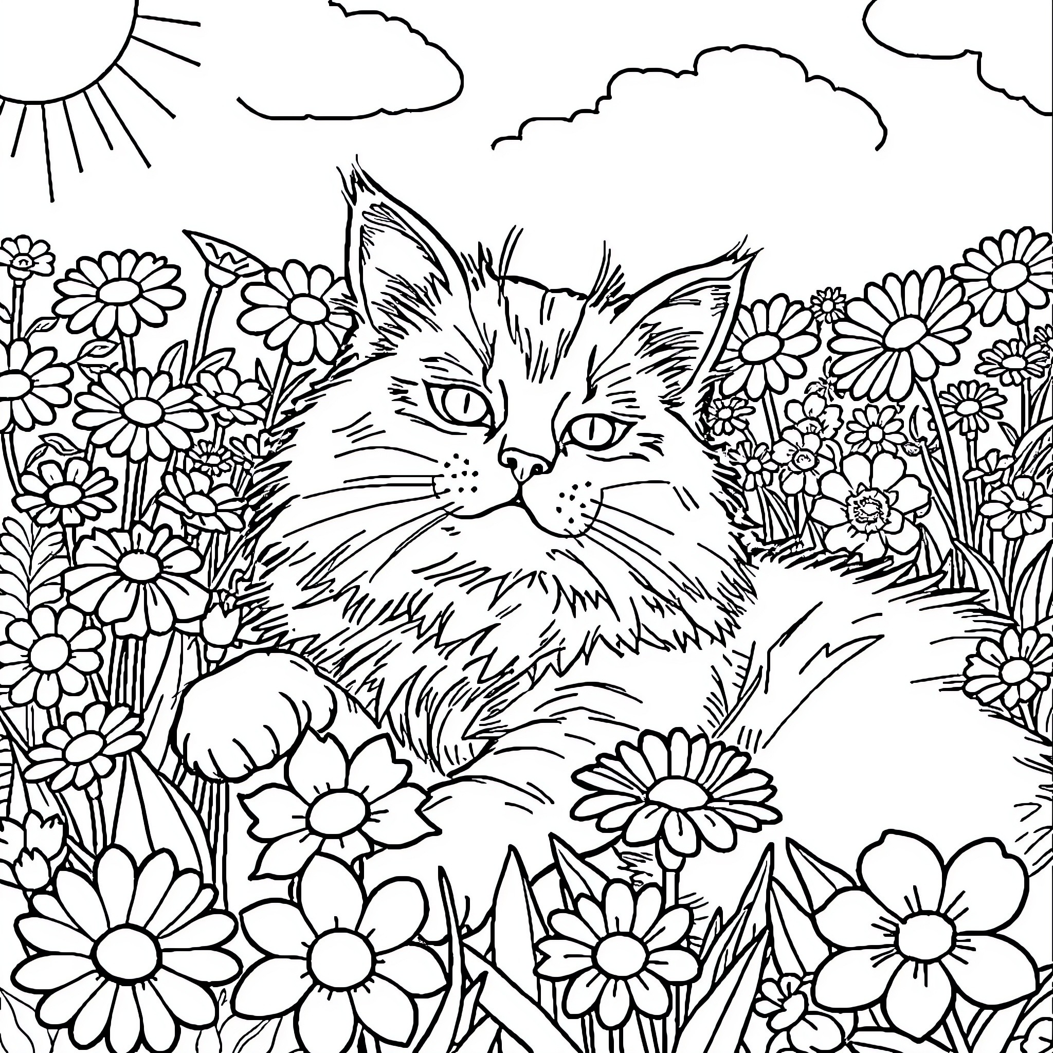 Cat exploring a flower-filled garden Coloring Page (free black-and-white line drawing printable PDF for all, from beginners to advanced learners, including children, teens, adults, and seniors)