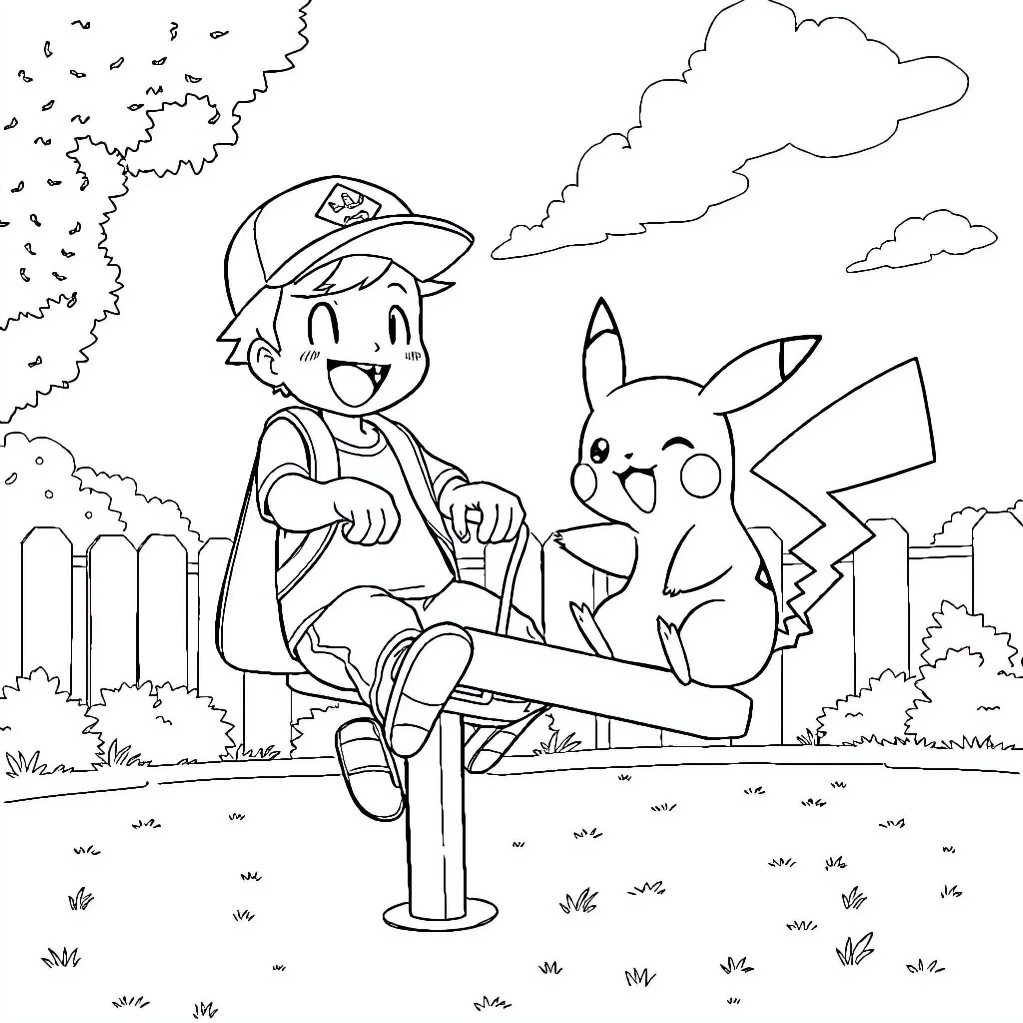Ash and Pikachu exploring the outdoors Coloring Page (free black-and-white line drawing printable PDF for all, from beginners to advanced learners, including children, teens, adults, and seniors)