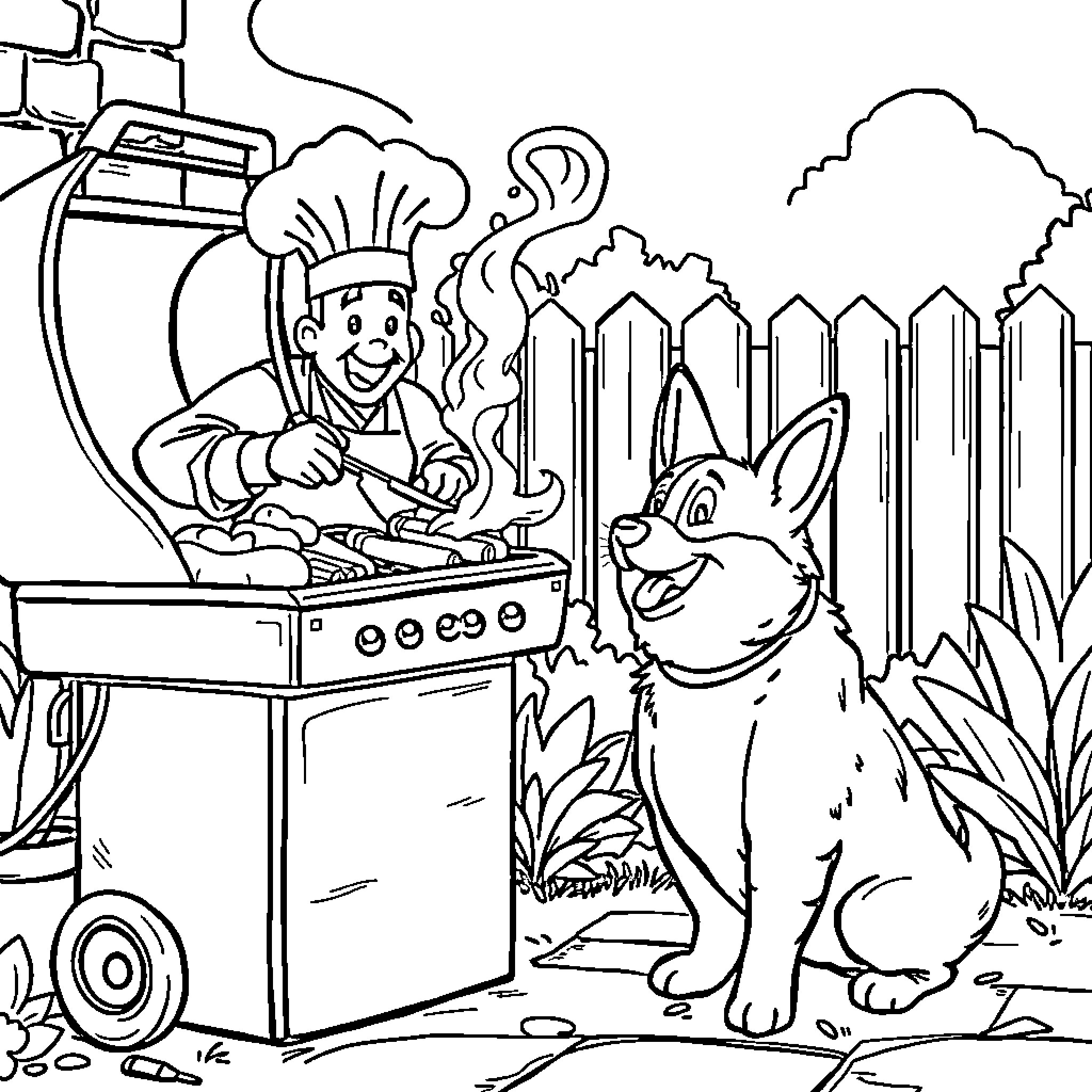 Chef Cooking Outdoors with Cheerful Dog Coloring Page (free black-and-white line drawing printable PDF for all, from beginners to advanced learners, including children, teens, adults, and seniors)