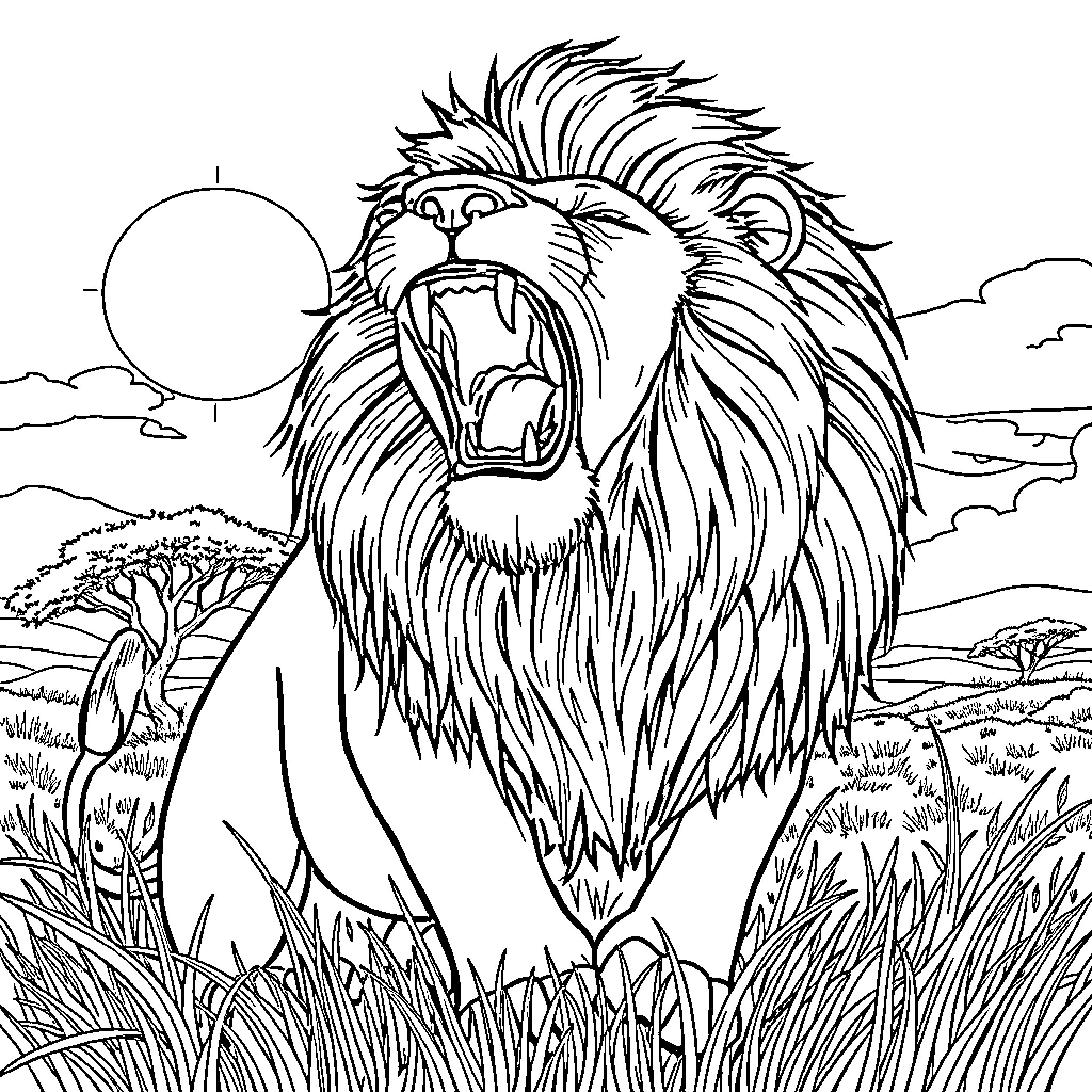Lion roaring powerfully in the wild savanna Coloring Page (free black-and-white line drawing printable PDF for all, from beginners to advanced learners, including children, teens, adults, and seniors)