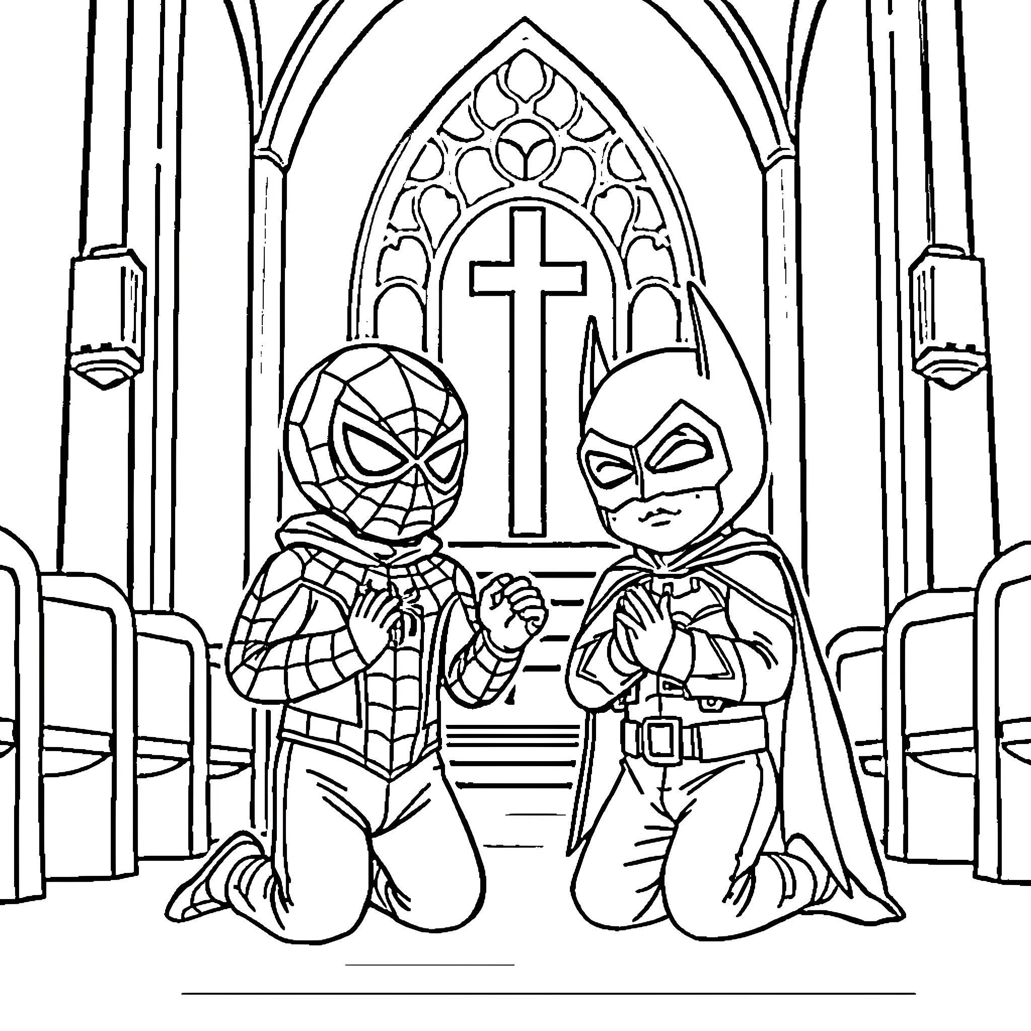 Spider-Man and Batgirl praying in church Coloring Page (free black-and-white line drawing printable PDF for all, from beginners to advanced learners, including children, teens, adults, and seniors)