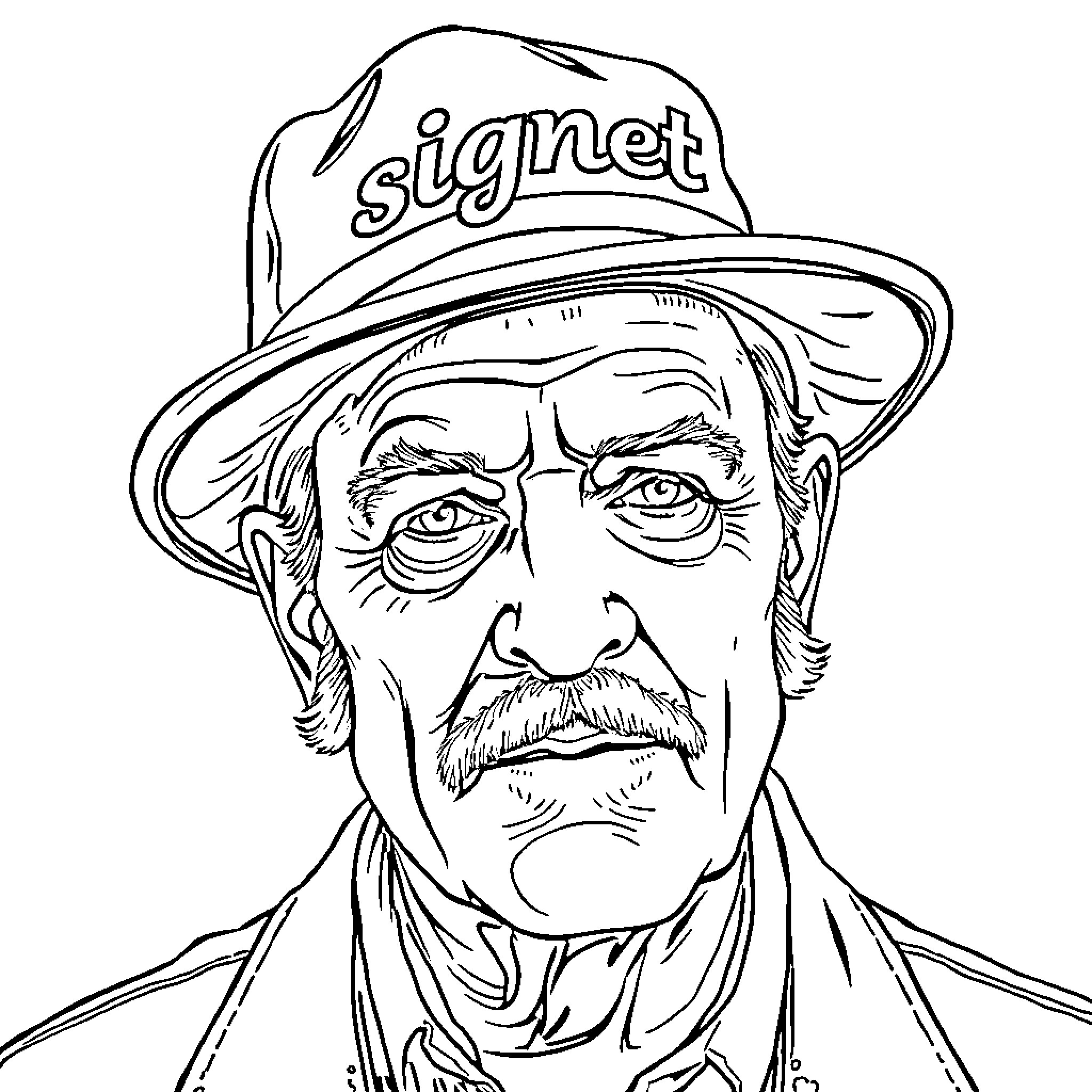Man wearing hat with text in serious expression Coloring Page (free black-and-white line drawing printable PDF for all, from beginners to advanced learners, including children, teens, adults, and seniors)