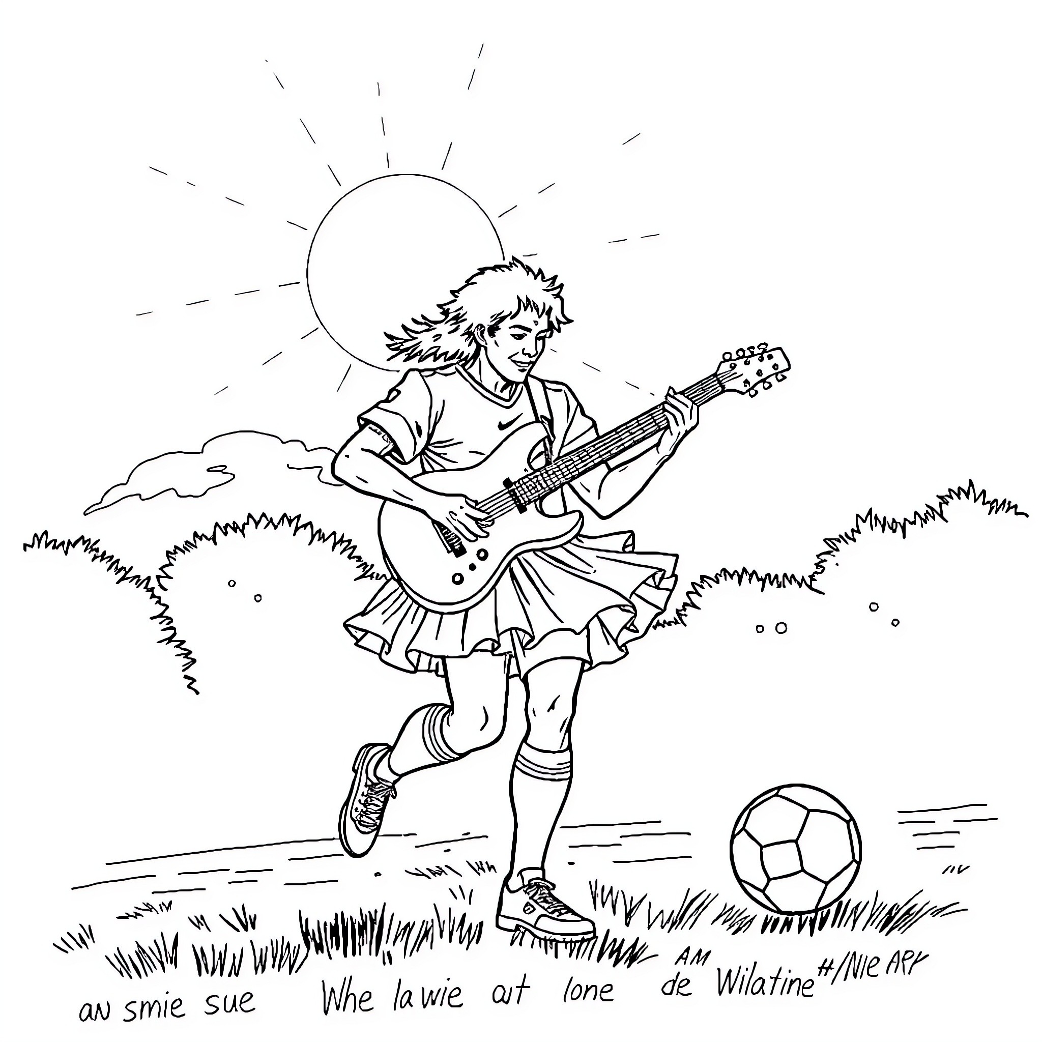 Football Player Performing Guitar Solo in Nature Coloring Page (free black-and-white line drawing printable PDF for all, from beginners to advanced learners, including children, teens, adults, and seniors)