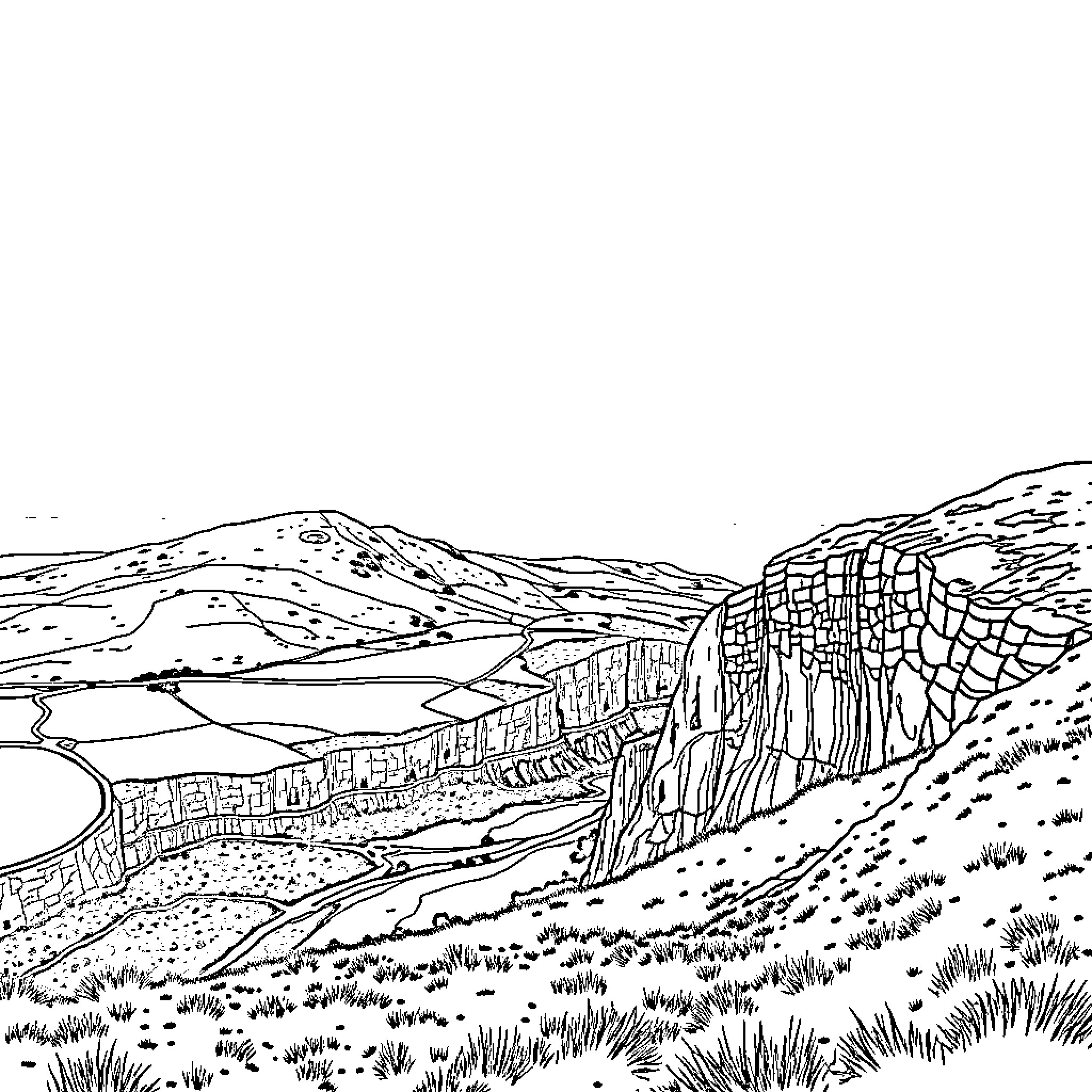 Landscape of mountainous terrain and rocky cliffs Coloring Page (free black-and-white line drawing printable PDF for all, from beginners to advanced learners, including children, teens, adults, and seniors)