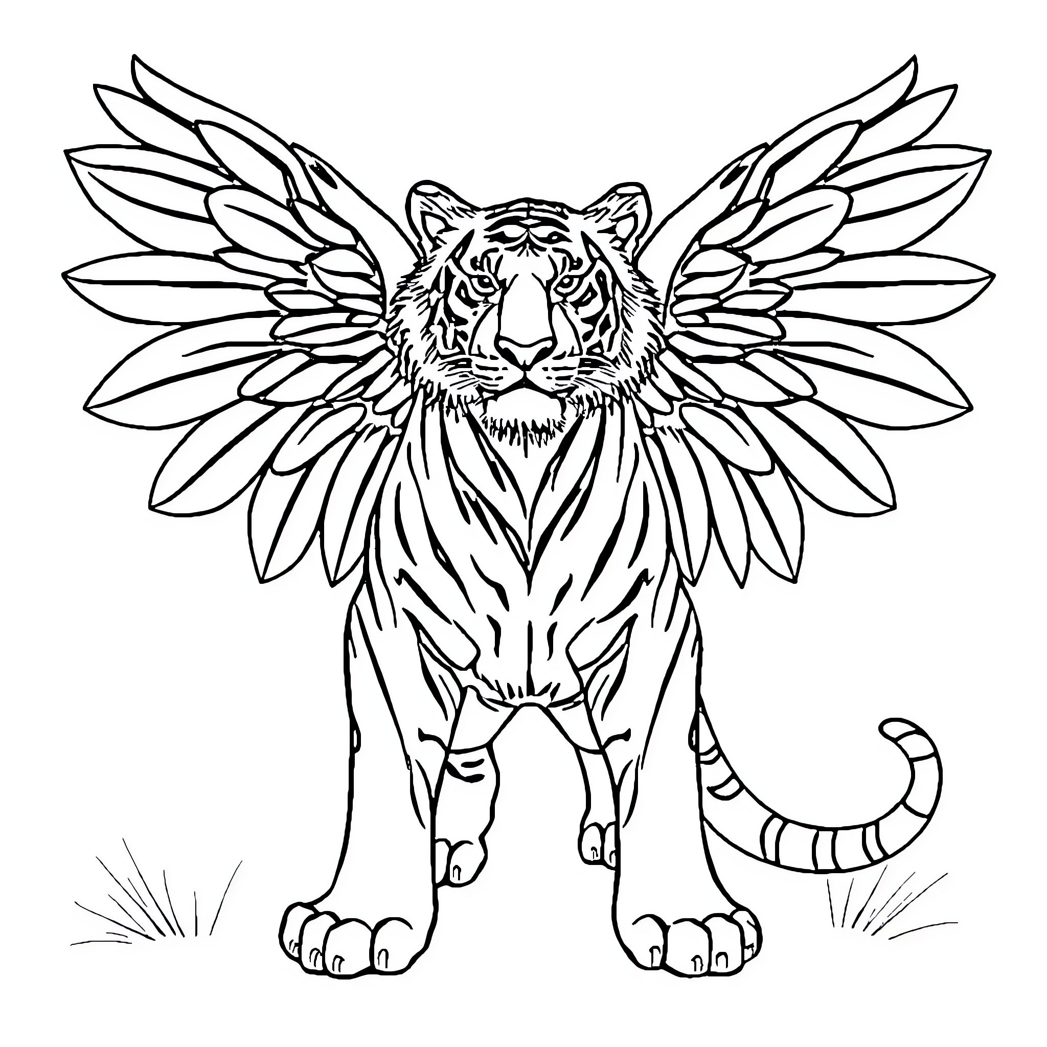 Tiger with majestic wings in flight Coloring Page (free black-and-white line drawing printable PDF for all, from beginners to advanced learners, including children, teens, adults, and seniors)