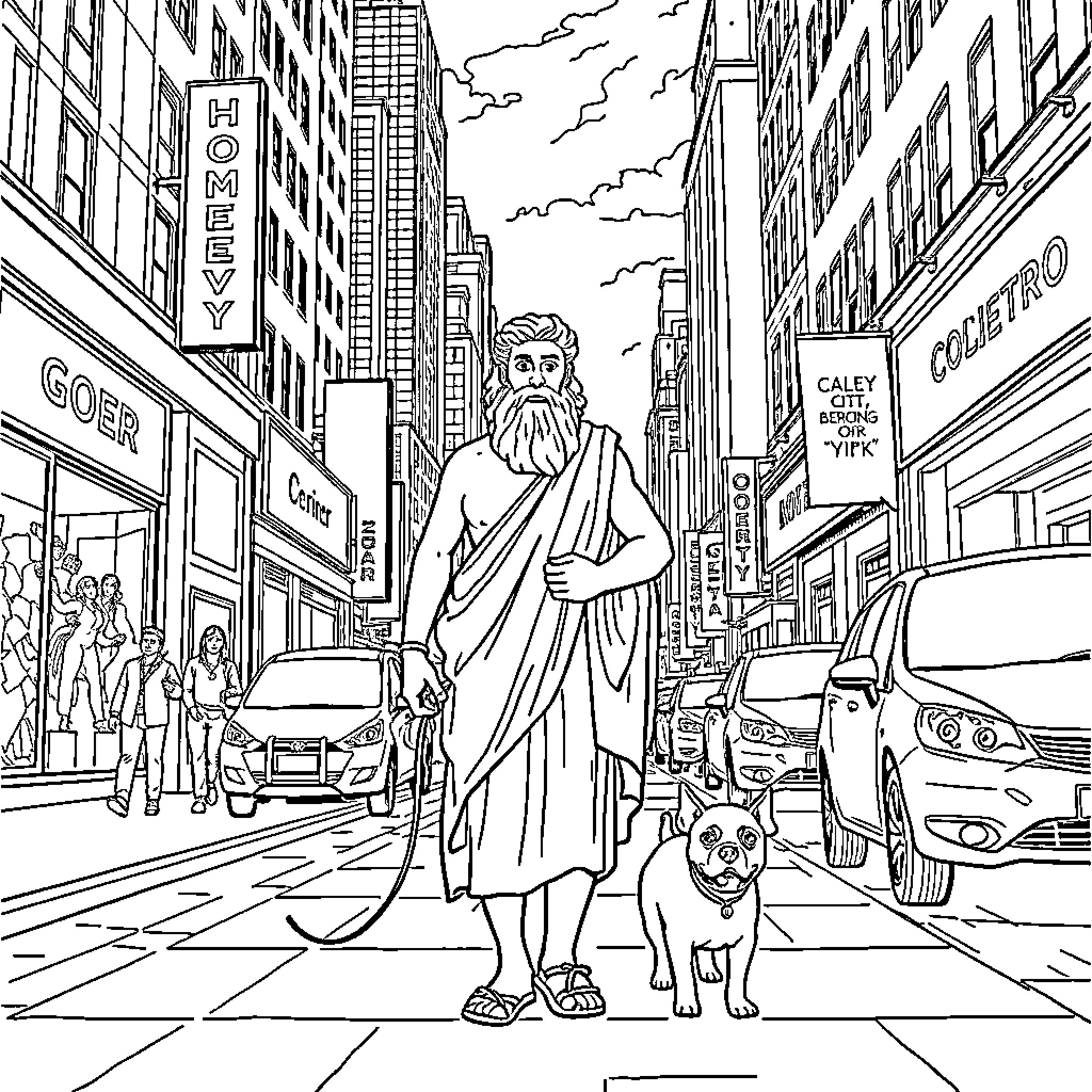 Homer strolling down the busy city street Coloring Page (free black-and-white line drawing printable PDF for all, from beginners to advanced learners, including children, teens, adults, and seniors)