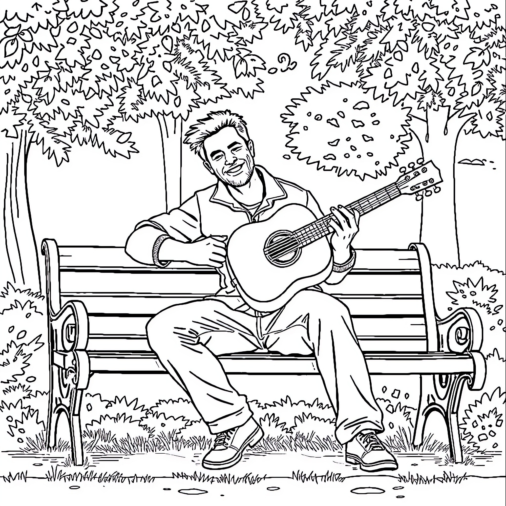 Man playing guitar in the park Coloring Page (free black-and-white line drawing printable PDF for all, from beginners to advanced learners, including children, teens, adults, and seniors)