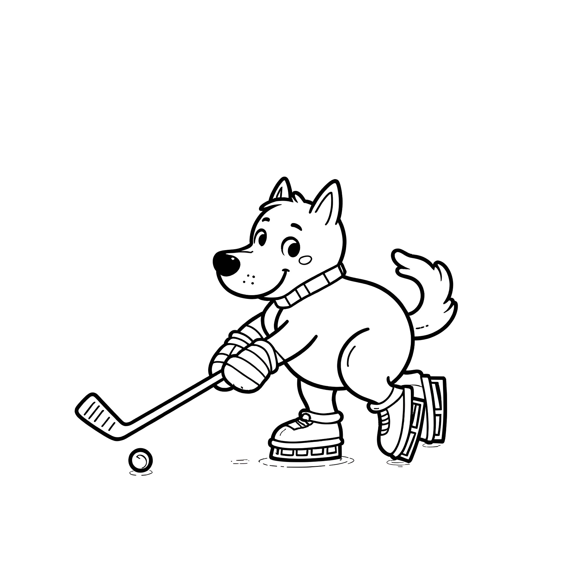 Dog playing hockey with hockey stick Coloring Page (free black-and-white line drawing printable PDF for all, from beginners to advanced learners, including children, teens, adults, and seniors)