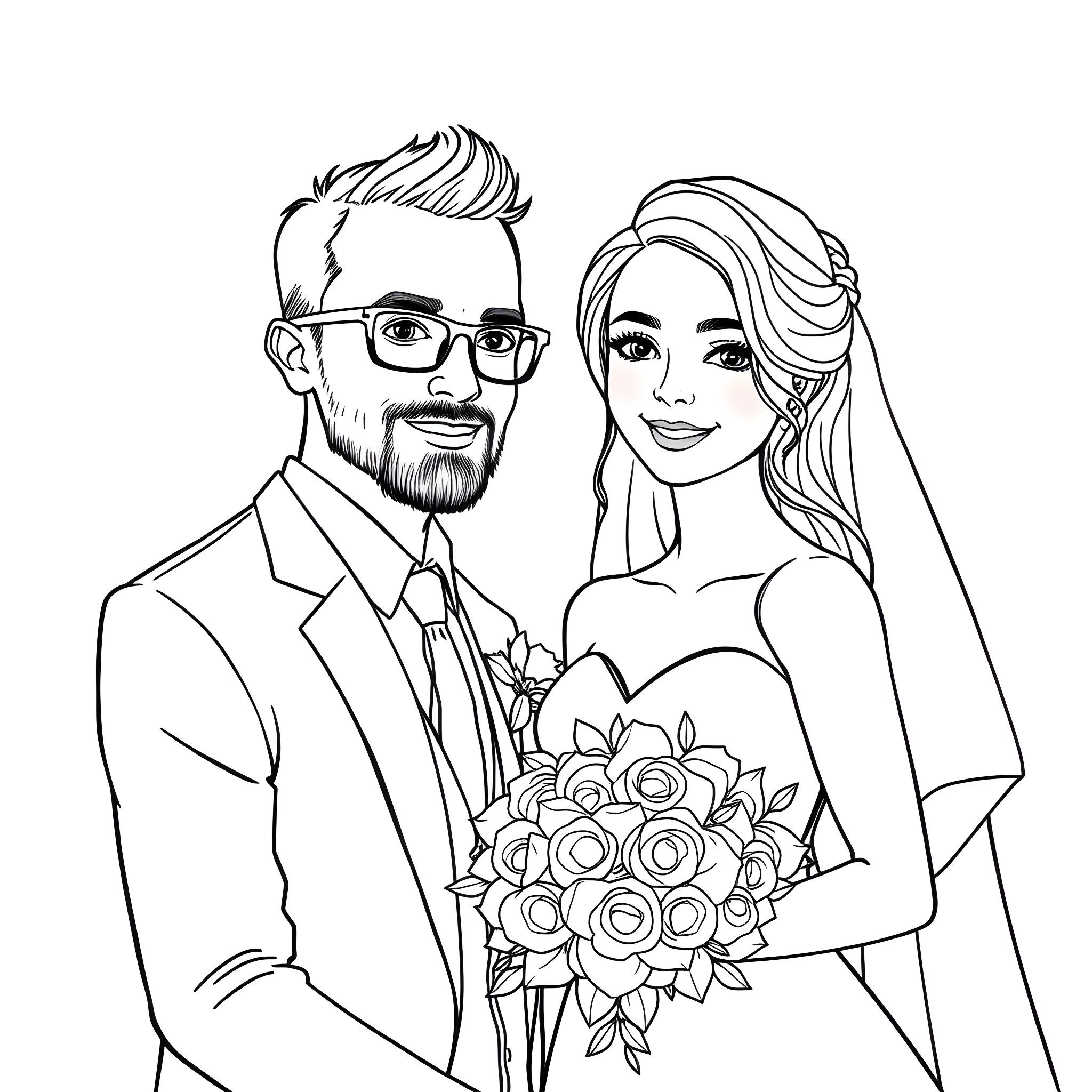 Couple in formal attire posing for wedding portrait Coloring Page (free black-and-white line drawing printable PDF for all, from beginners to advanced learners, including children, teens, adults, and seniors)