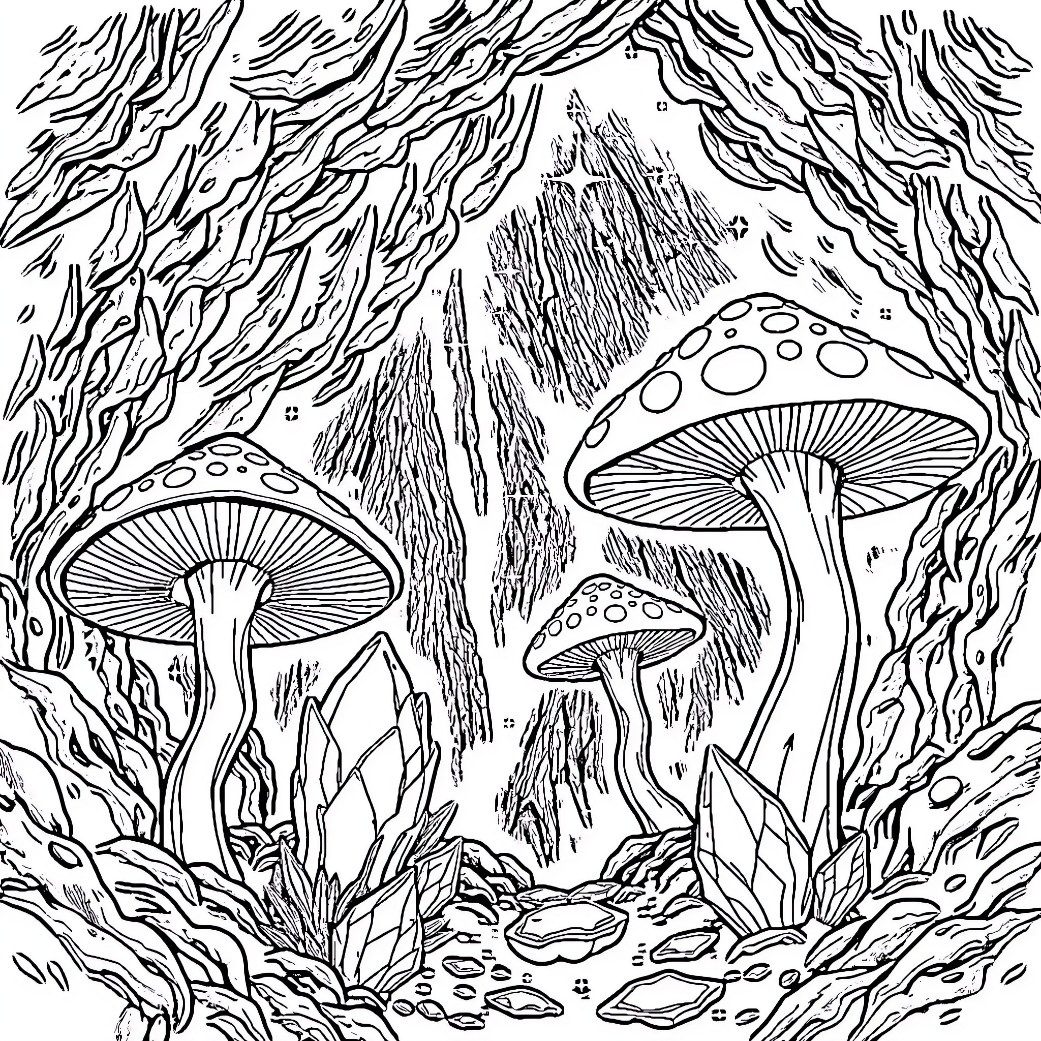 Mushroom Wonderland: A Mystical Forest Landscape Coloring Page (free black-and-white line drawing printable PDF for all, from beginners to advanced learners, including children, teens, adults, and seniors)