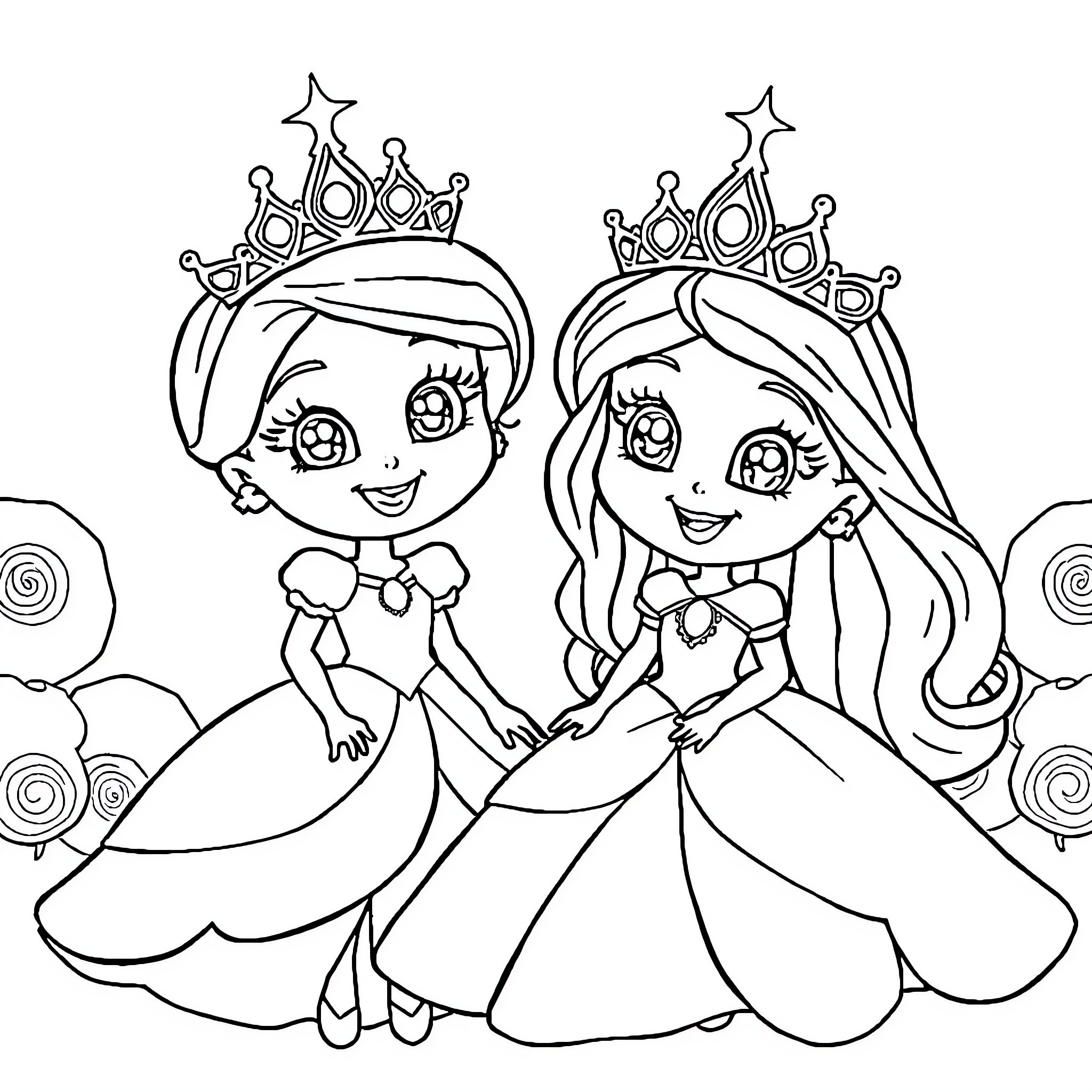 Bluey and friends playing dress-up as princesses Coloring Page (free black-and-white line drawing printable PDF for all, from beginners to advanced learners, including children, teens, adults, and seniors)