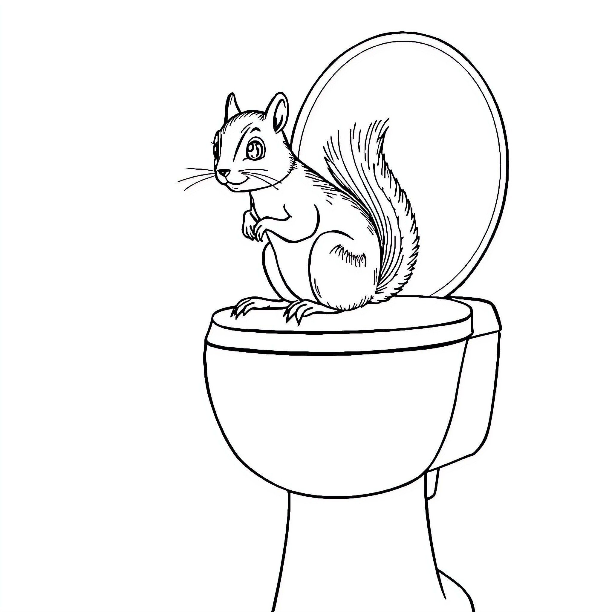 Squirrel sitting on a toilet bowl Coloring Page (free black-and-white line drawing printable PDF for all, from beginners to advanced learners, including children, teens, adults, and seniors)