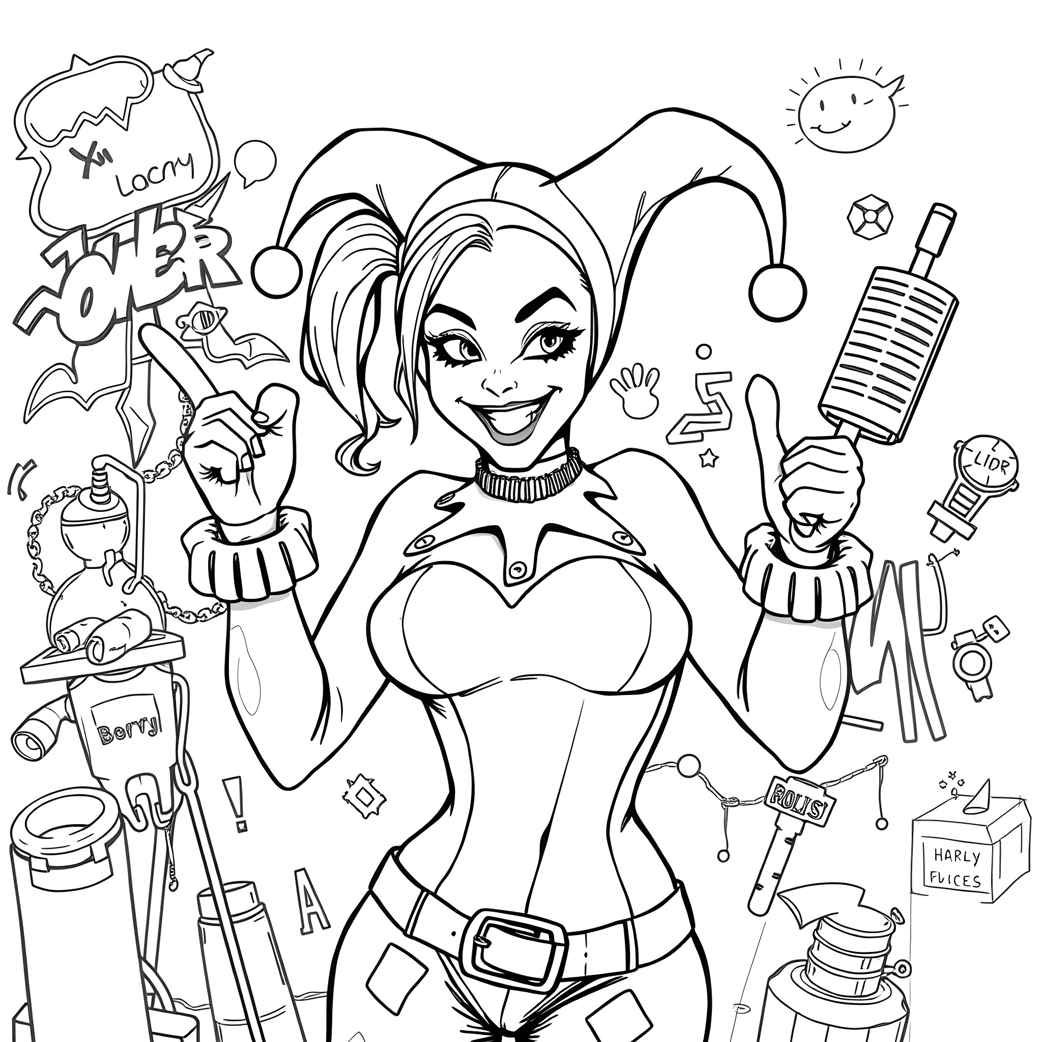 Harley Quinn's Playful Antics Coloring Page (free black-and-white line drawing printable PDF for all, from beginners to advanced learners, including children, teens, adults, and seniors)