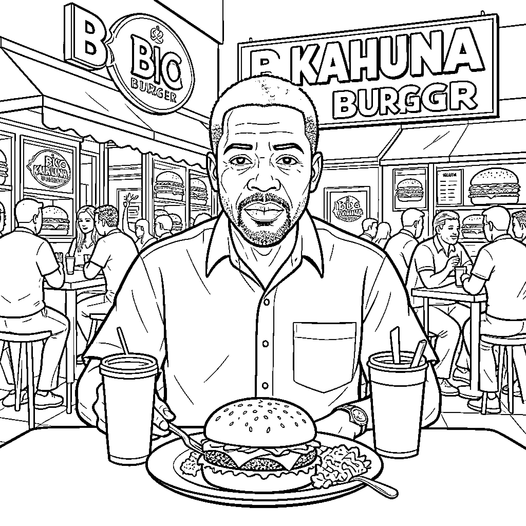 Samuel L. Jackson eating a burger at a restaurant Coloring Page (free black-and-white line drawing printable PDF for all, from beginners to advanced learners, including children, teens, adults, and seniors)