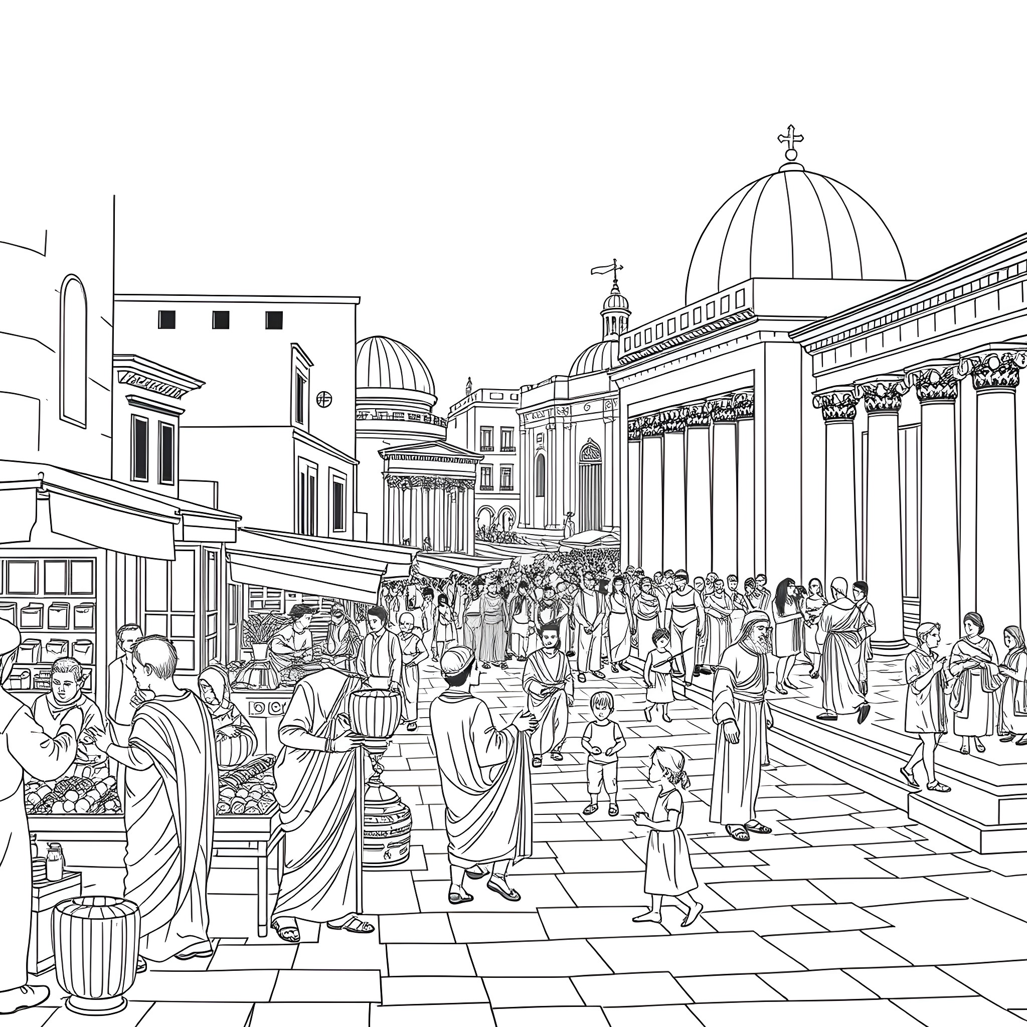 Alexandria - Bustling Marketplace with Architectural Splendor Coloring Page (free black-and-white line drawing printable PDF for all, from beginners to advanced learners, including children, teens, adults, and seniors)