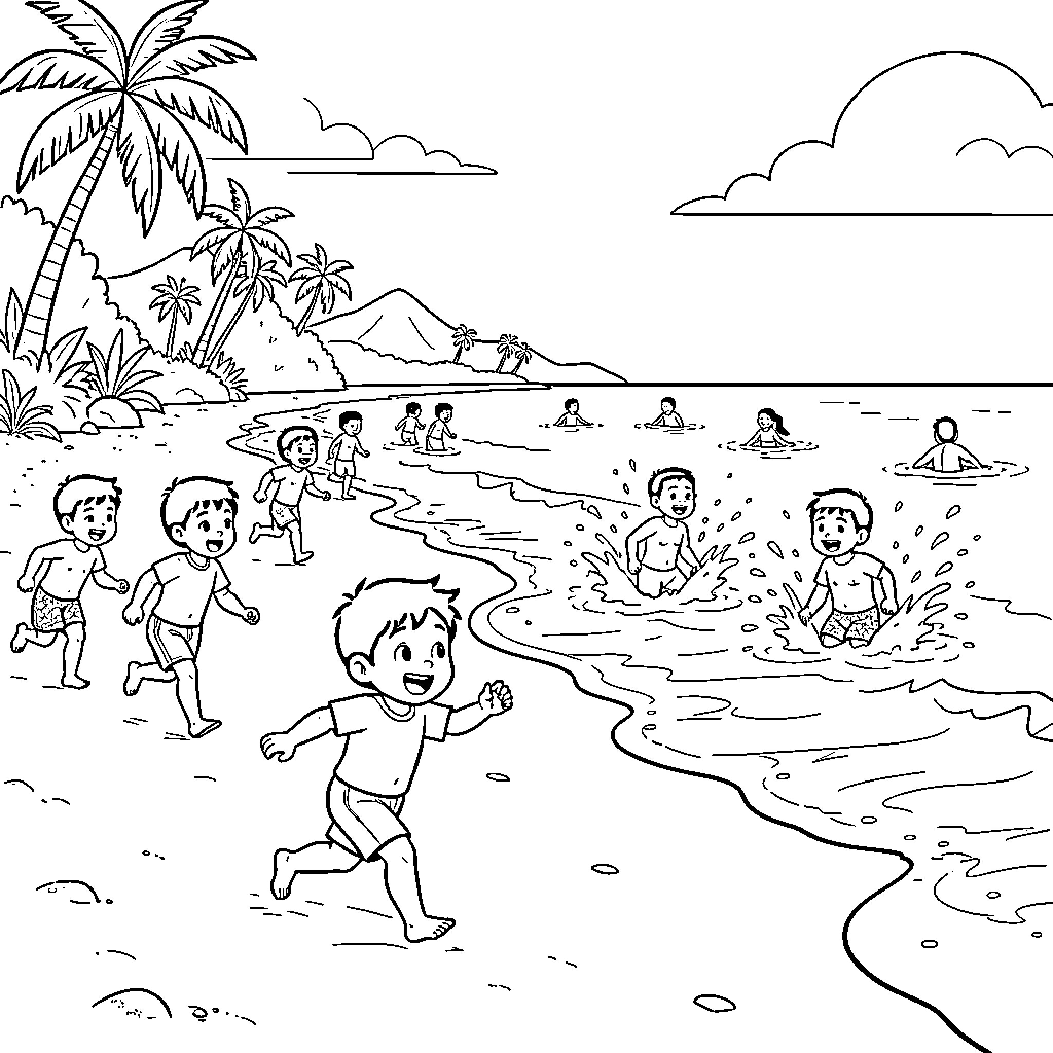 Child playing and running along the sunny beach Coloring Page (free black-and-white line drawing printable PDF for all, from beginners to advanced learners, including children, teens, adults, and seniors)