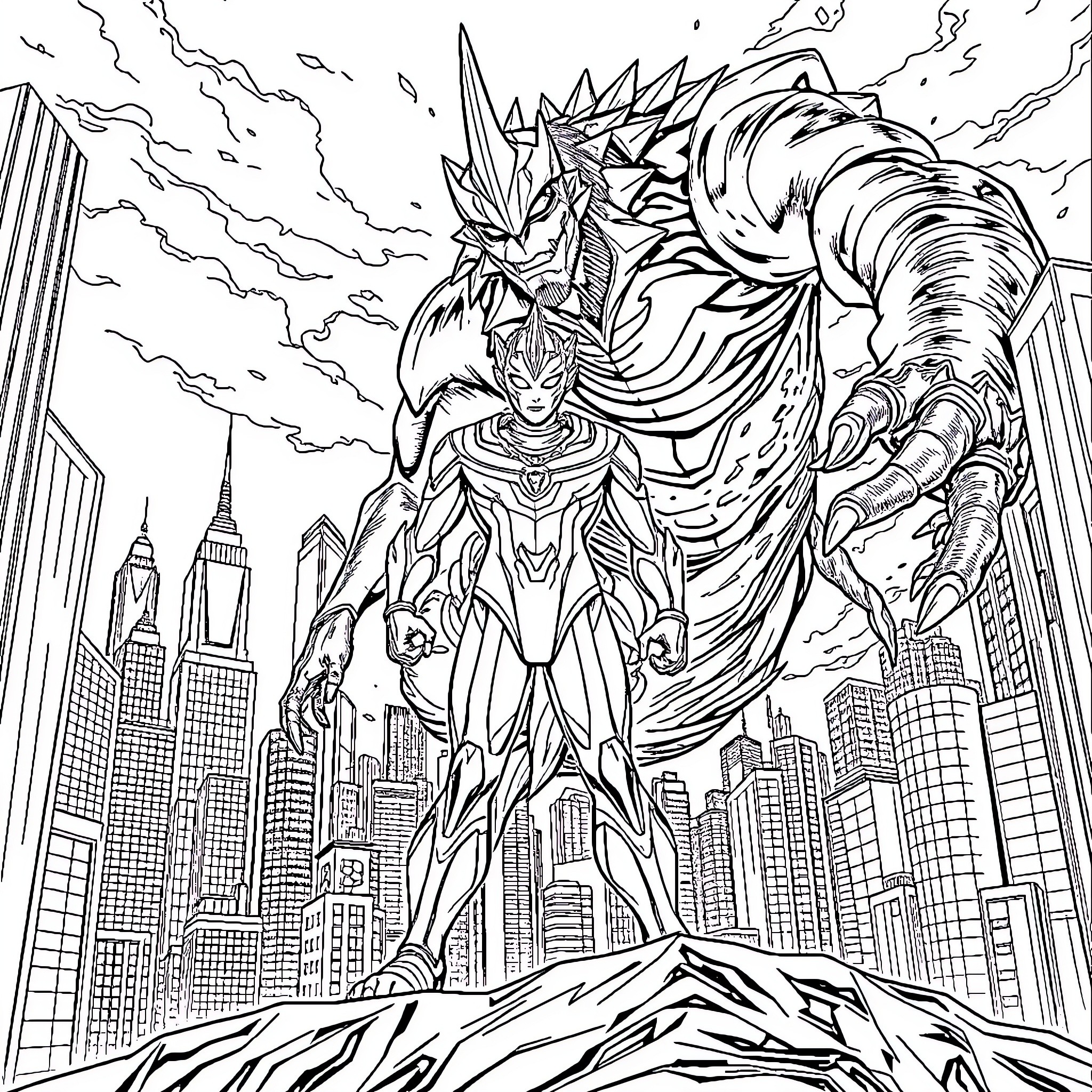 Ultraman heroically stands tall in the city skyline Coloring Page (free black-and-white line drawing printable PDF for all, from beginners to advanced learners, including children, teens, adults, and seniors)