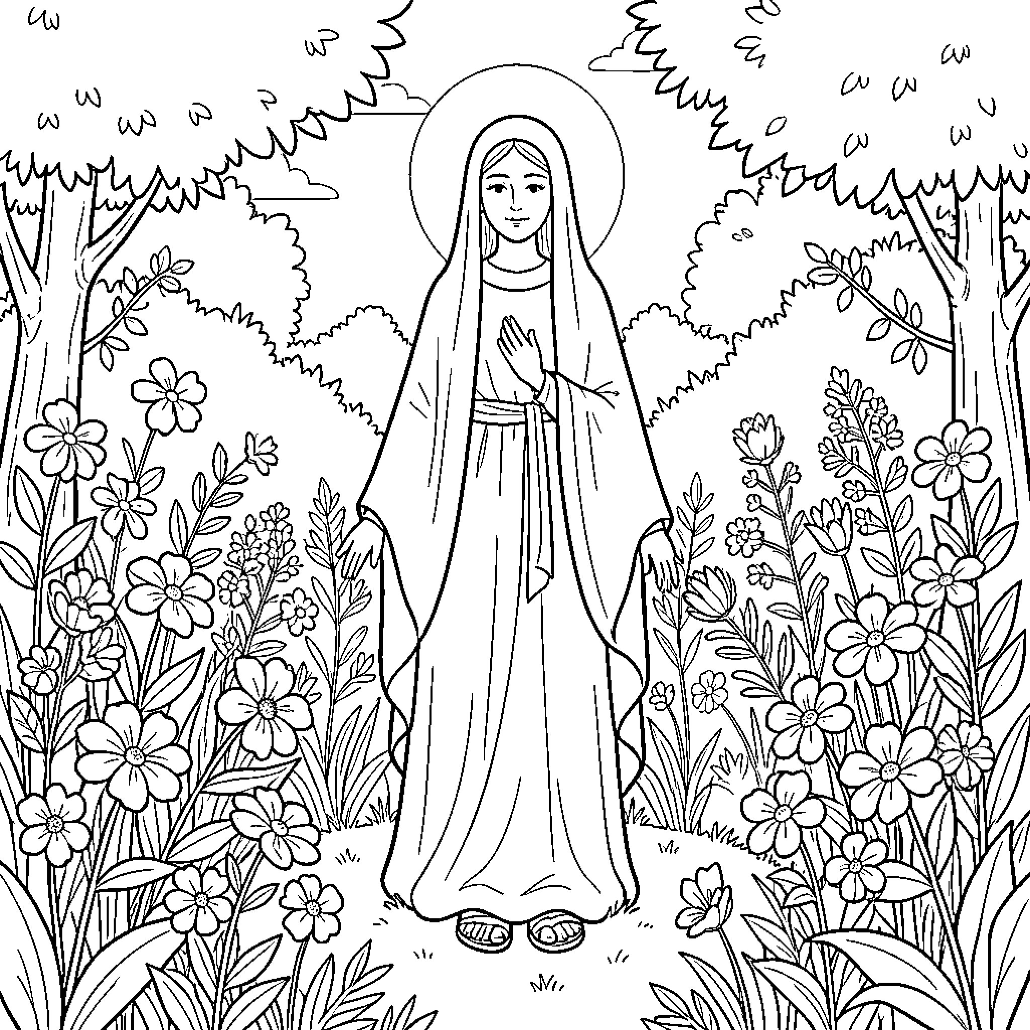Mary standing gracefully in a beautiful flower garden Coloring Page (free black-and-white line drawing printable PDF for all, from beginners to advanced learners, including children, teens, adults, and seniors)