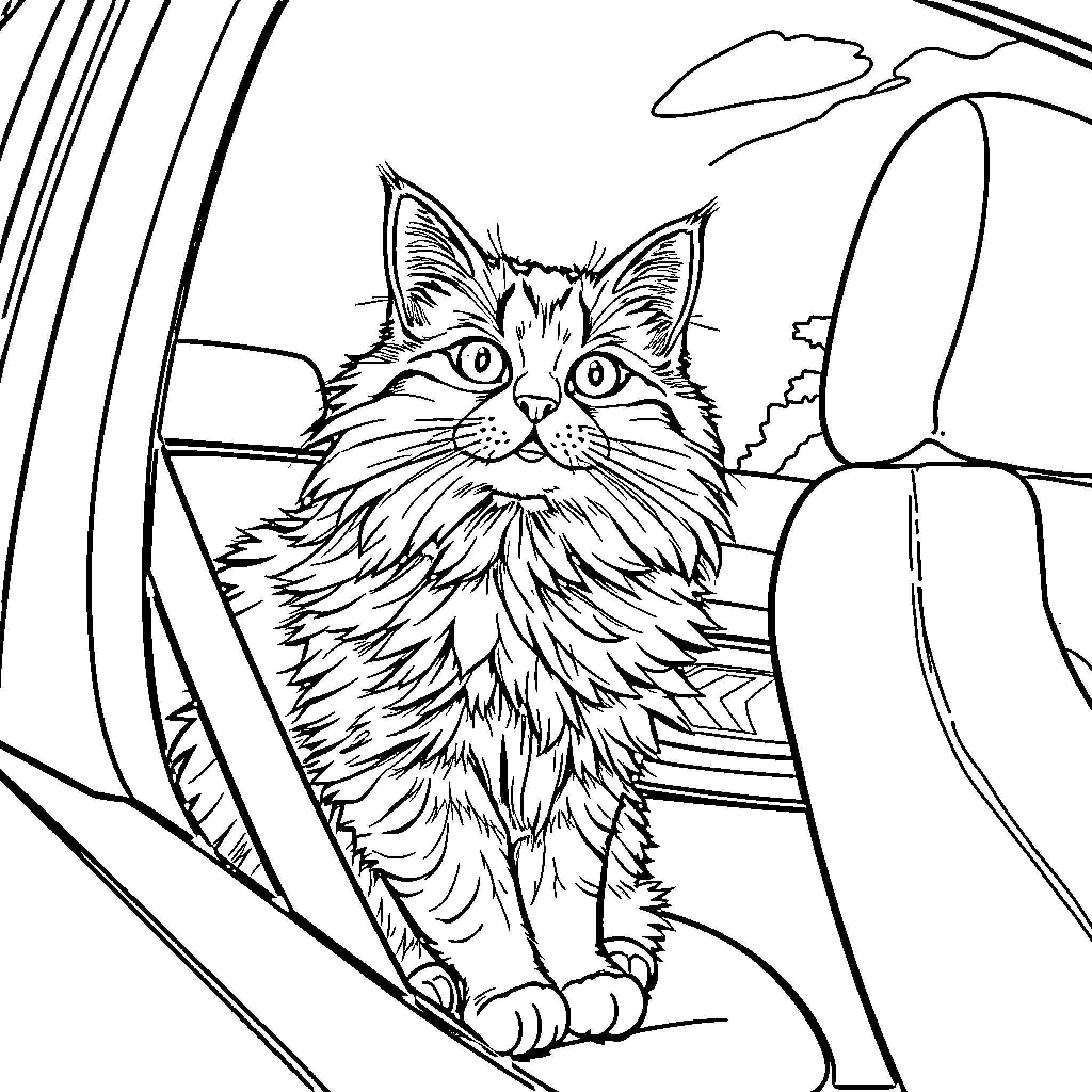 Cat sitting in a vehicle interior Coloring Page (free black-and-white line drawing printable PDF for all, from beginners to advanced learners, including children, teens, adults, and seniors)