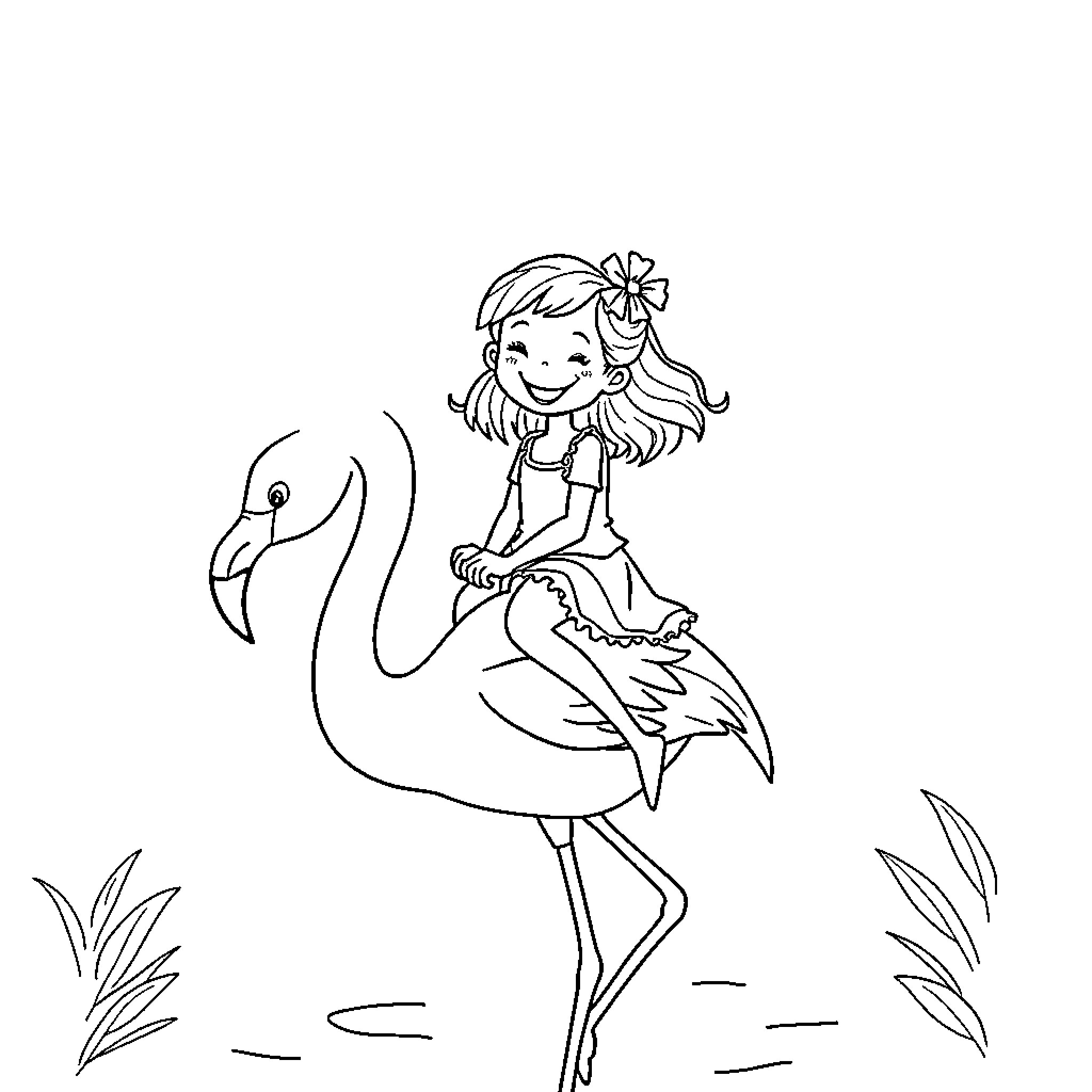 Girl riding a swan in a meadow Coloring Page (free black-and-white line drawing printable PDF for all, from beginners to advanced learners, including children, teens, adults, and seniors)