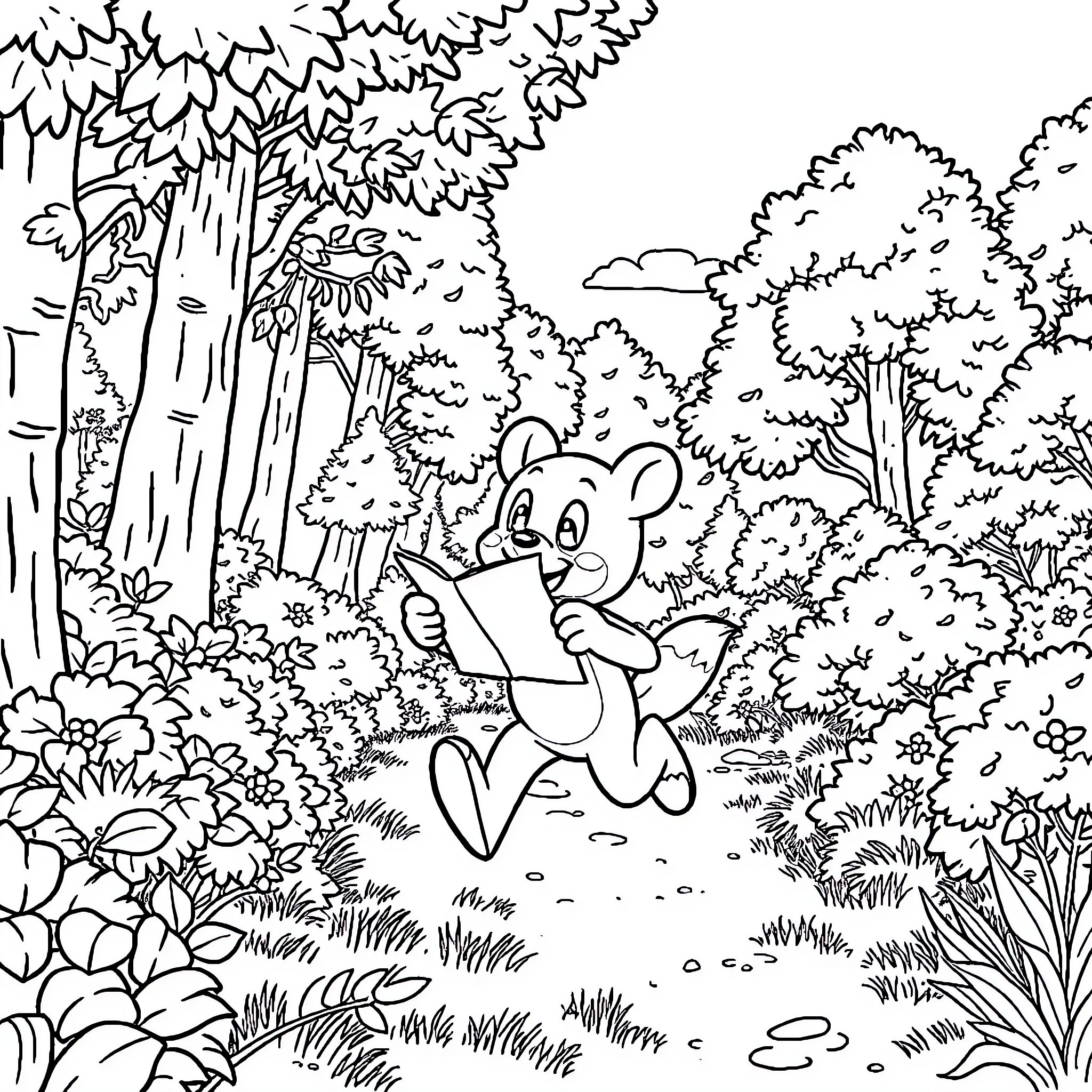 Bluey exploring the enchanted forest Coloring Page (free black-and-white line drawing printable PDF for all, from beginners to advanced learners, including children, teens, adults, and seniors)