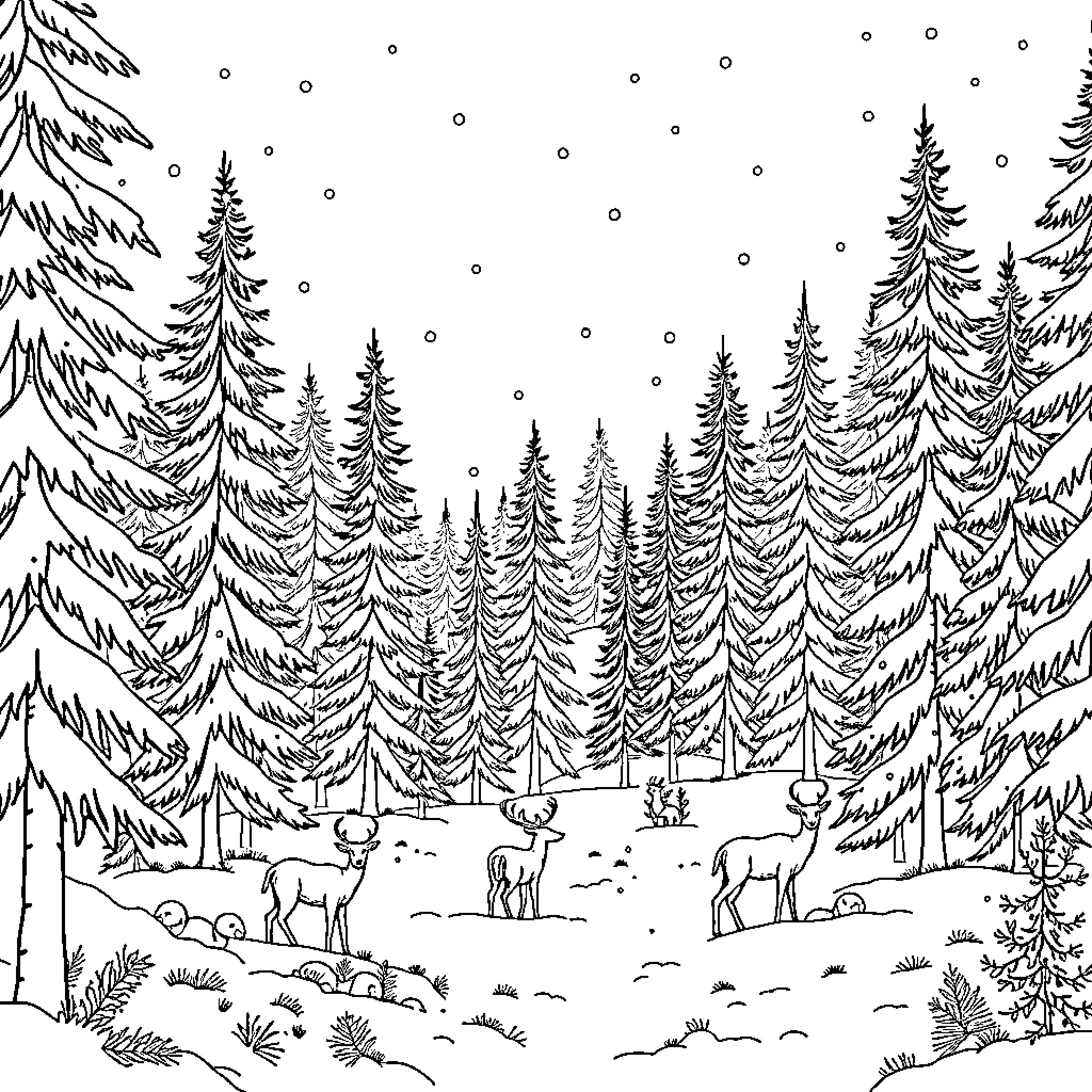 Deer in a snowy forest landscape Coloring Page (free black-and-white line drawing printable PDF for all, from beginners to advanced learners, including children, teens, adults, and seniors)