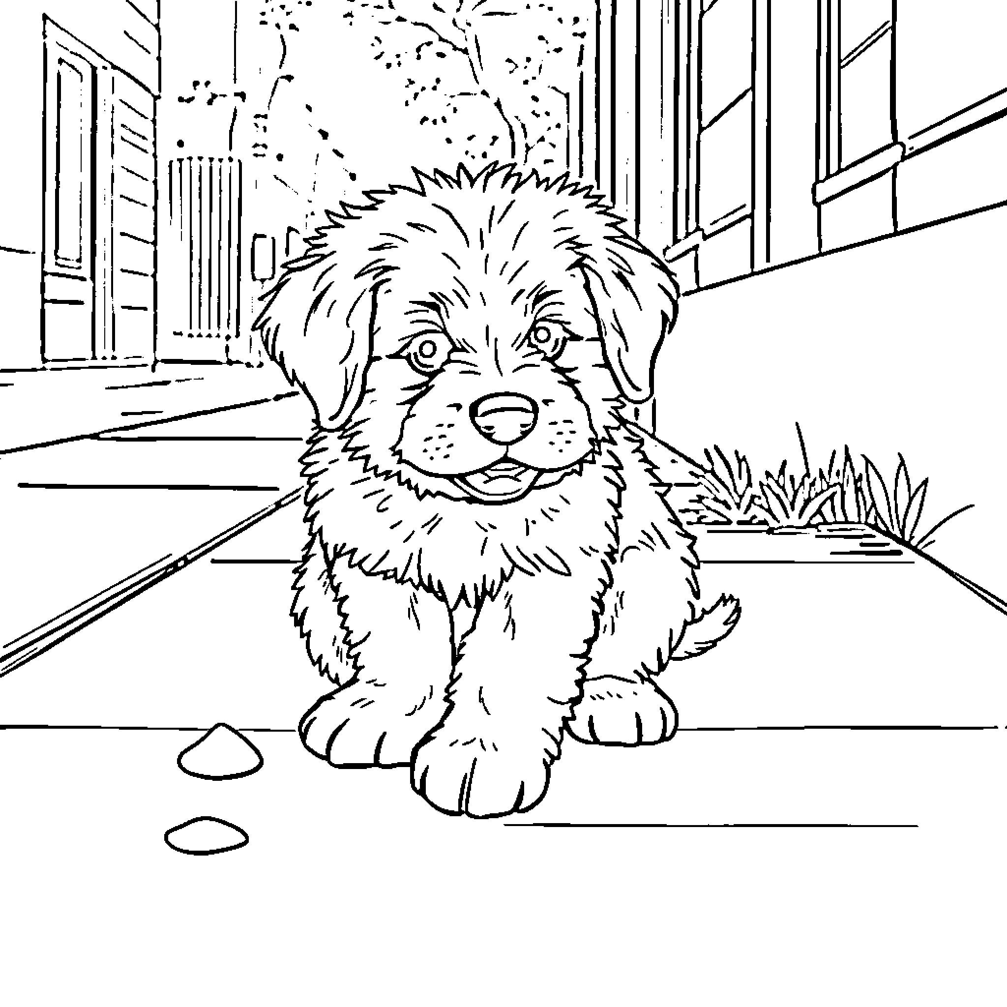 Puppy exploring the city streets Coloring Page (free black-and-white line drawing printable PDF for all, from beginners to advanced learners, including children, teens, adults, and seniors)