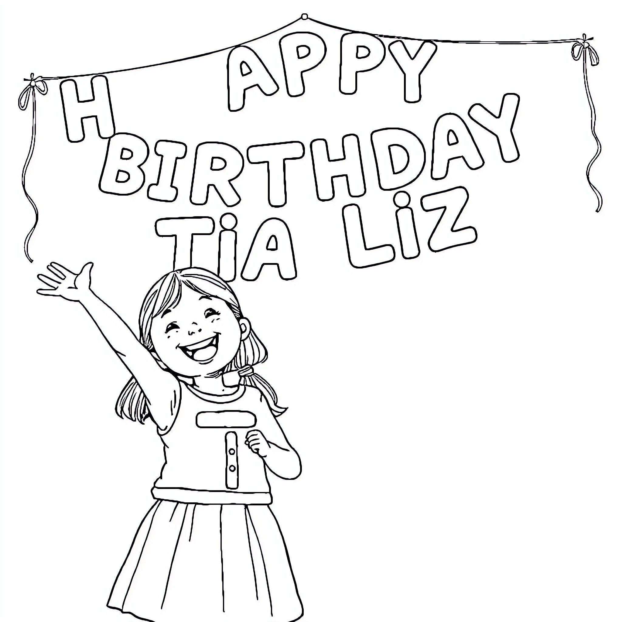 Girl celebrating her birthday with a banner Coloring Page (free black-and-white line drawing printable PDF for all, from beginners to advanced learners, including children, teens, adults, and seniors)