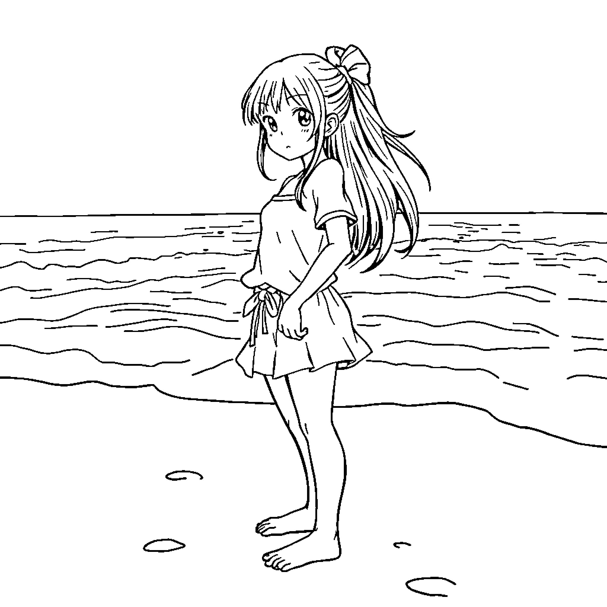 Asuka standing by the ocean Coloring Page (free black-and-white line drawing printable PDF for all, from beginners to advanced learners, including children, teens, adults, and seniors)