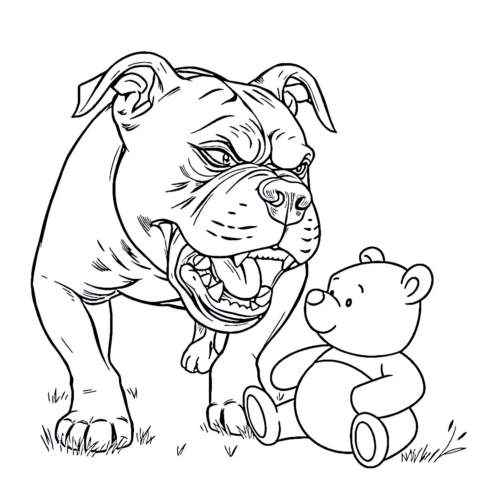 Pitbull protecting a playful teddy bear Coloring Page (free black-and-white line drawing printable PDF for all, from beginners to advanced learners, including children, teens, adults, and seniors)