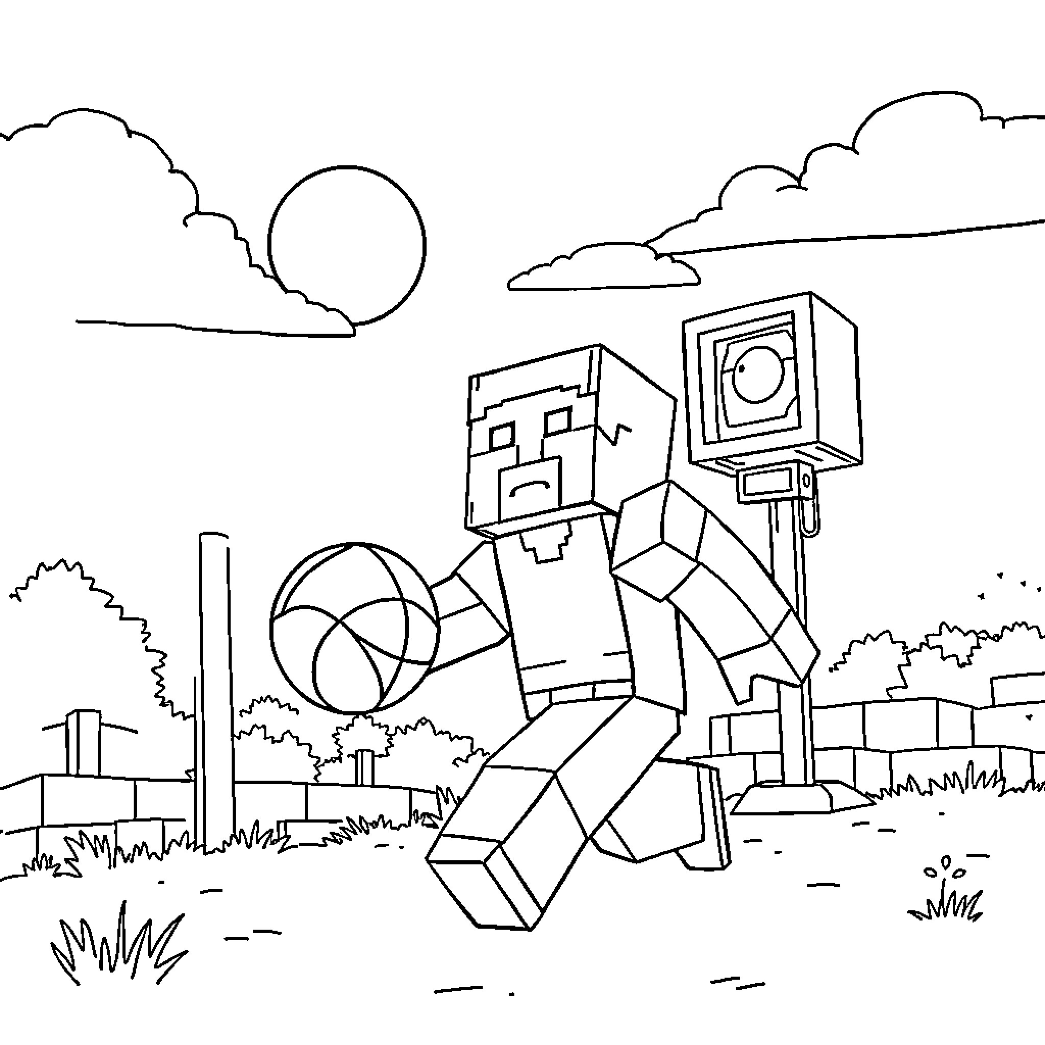 Steve's Playful Adventure in the Blocky World Coloring Page (free black-and-white line drawing printable PDF for all, from beginners to advanced learners, including children, teens, adults, and seniors)