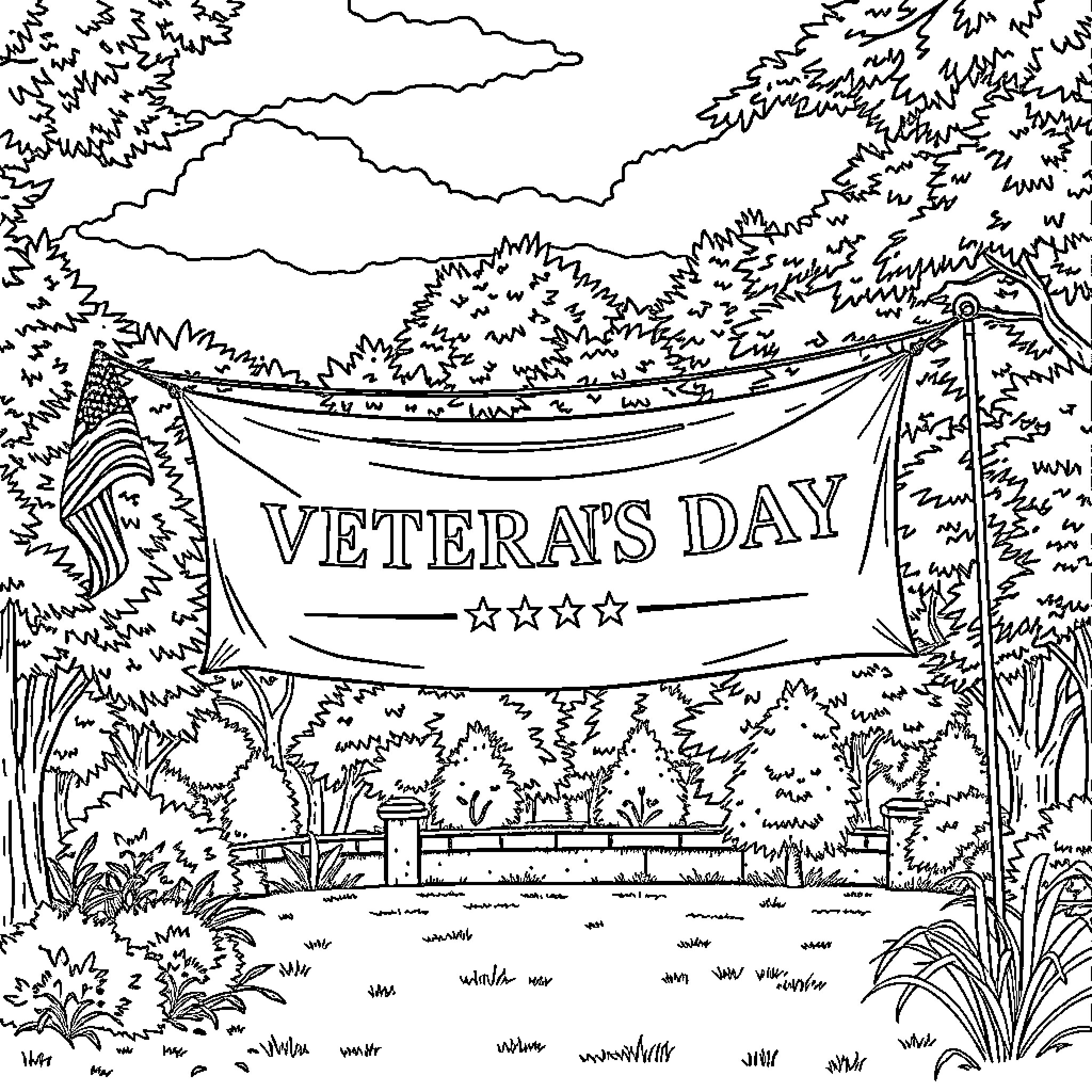 Veterans Day outdoor celebration with flags and banner Coloring Page (free black-and-white line drawing printable PDF for all, from beginners to advanced learners, including children, teens, adults, and seniors)